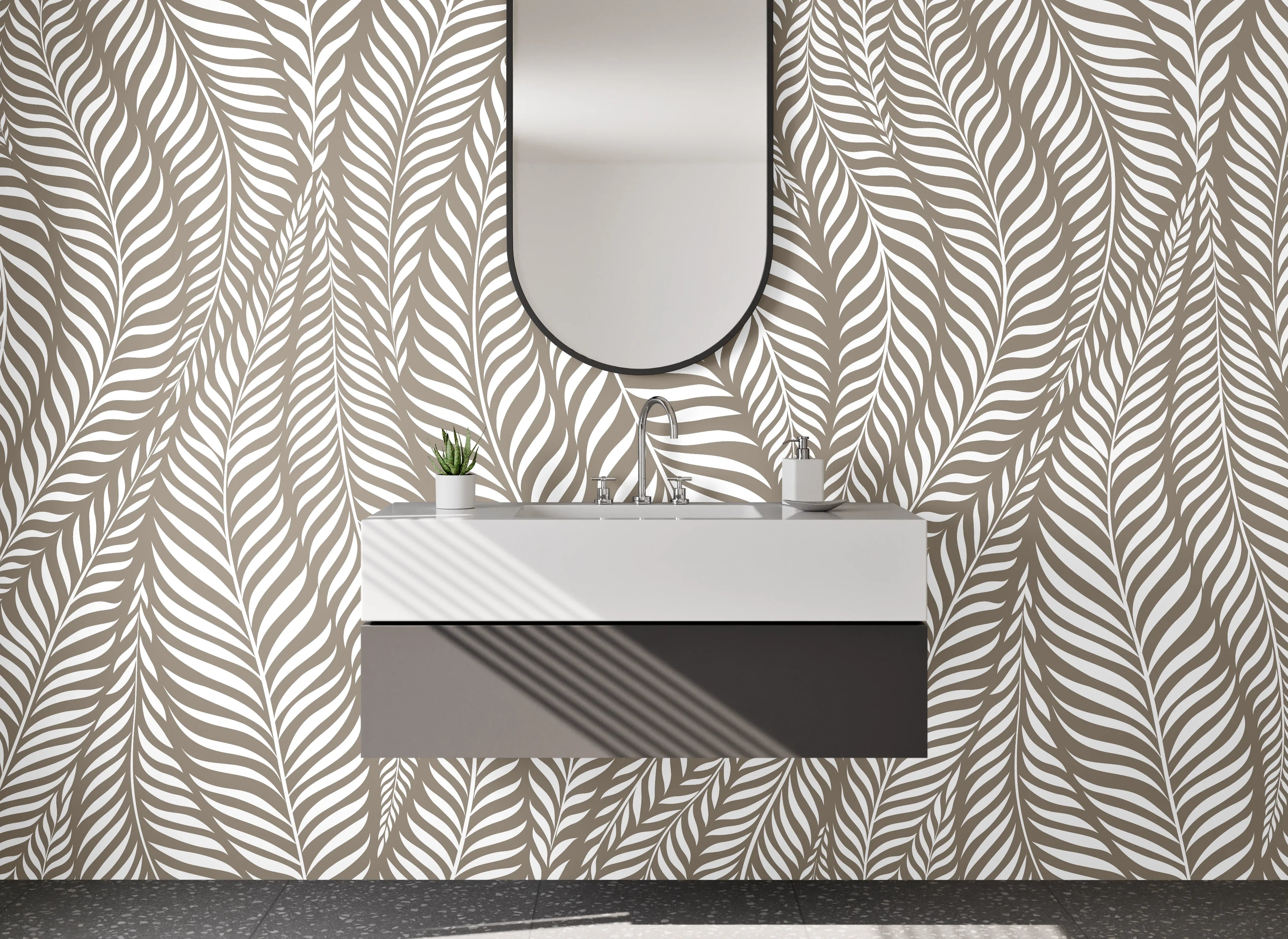 Waschbecken-Rückwand - Modernes Blättermuster Beige Weiß