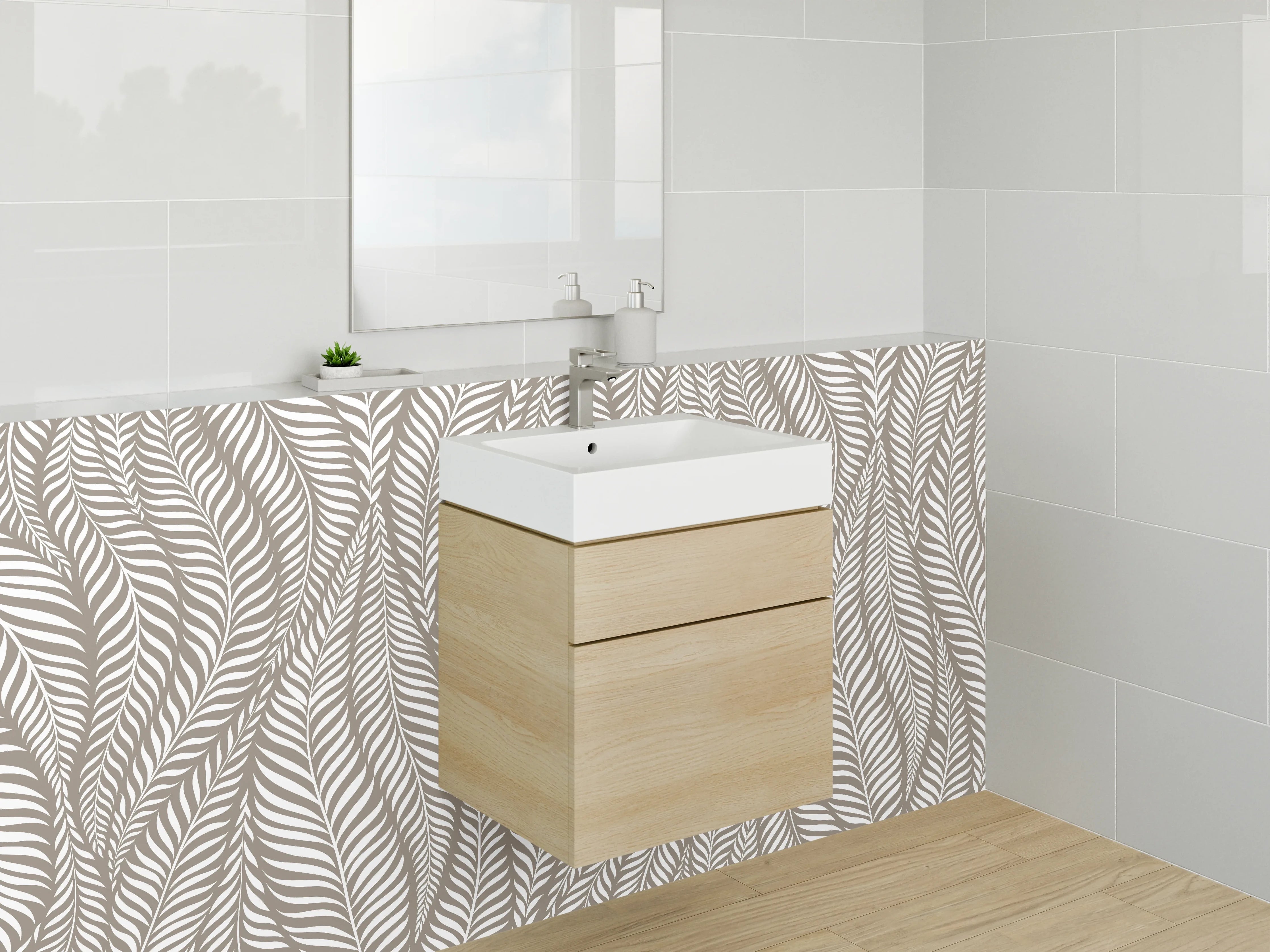 Waschbecken-Rückwand - Modernes Blättermuster Beige Weiß