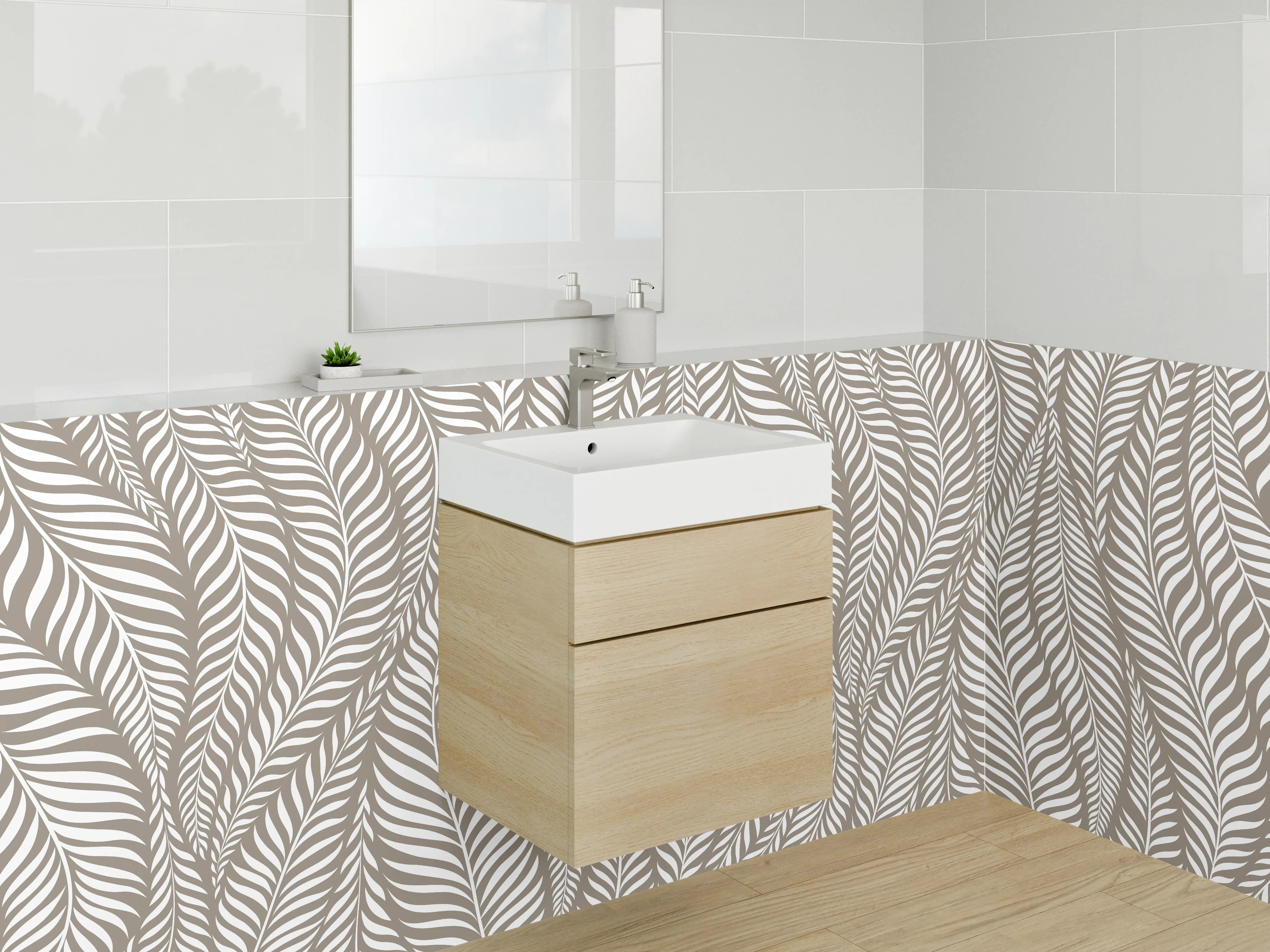 Waschbecken-Rückwand - Modernes Blättermuster Beige Weiß