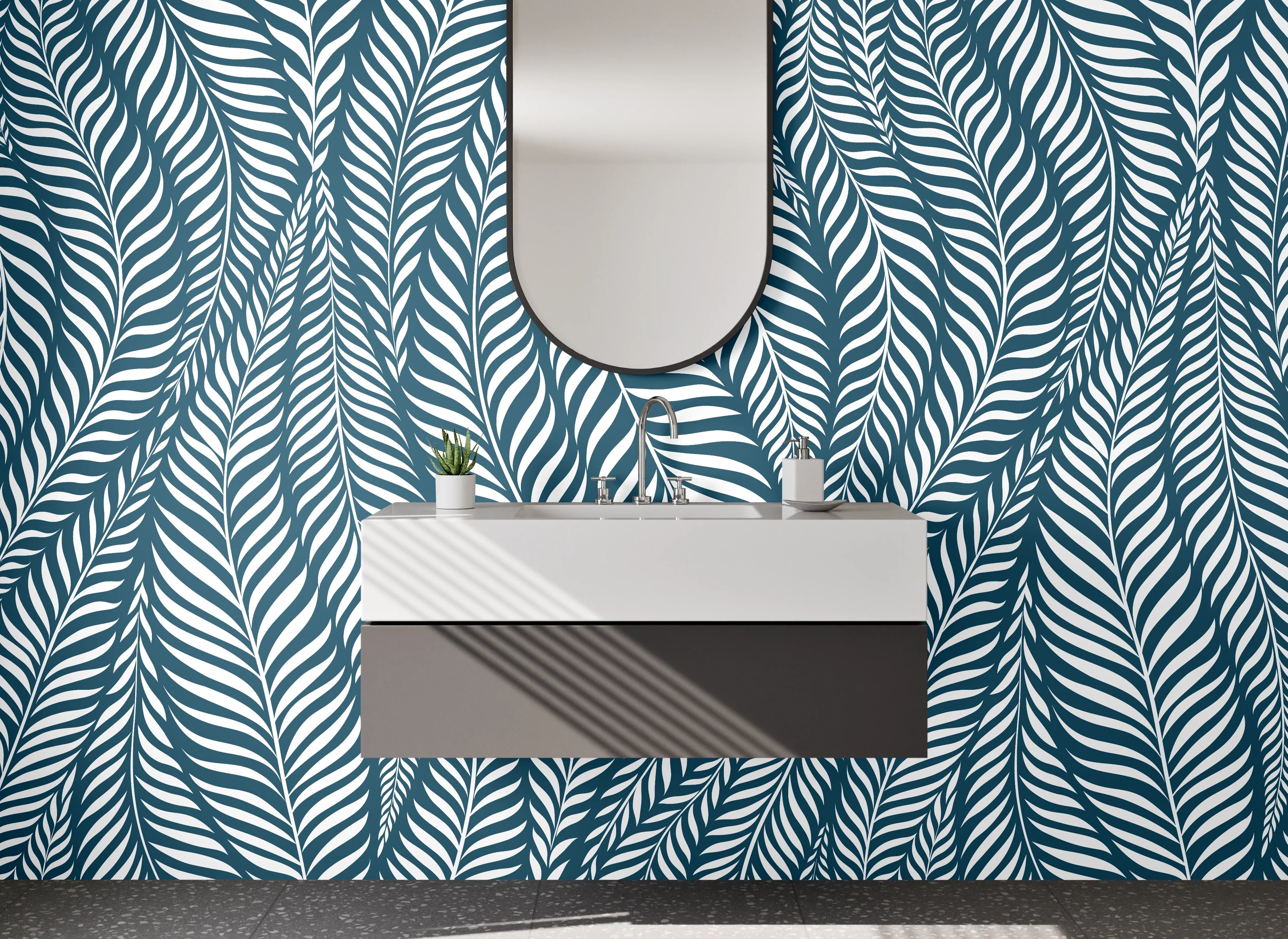 Waschbecken-Rückwand - Modernes Blättermuster in Blau Weiß