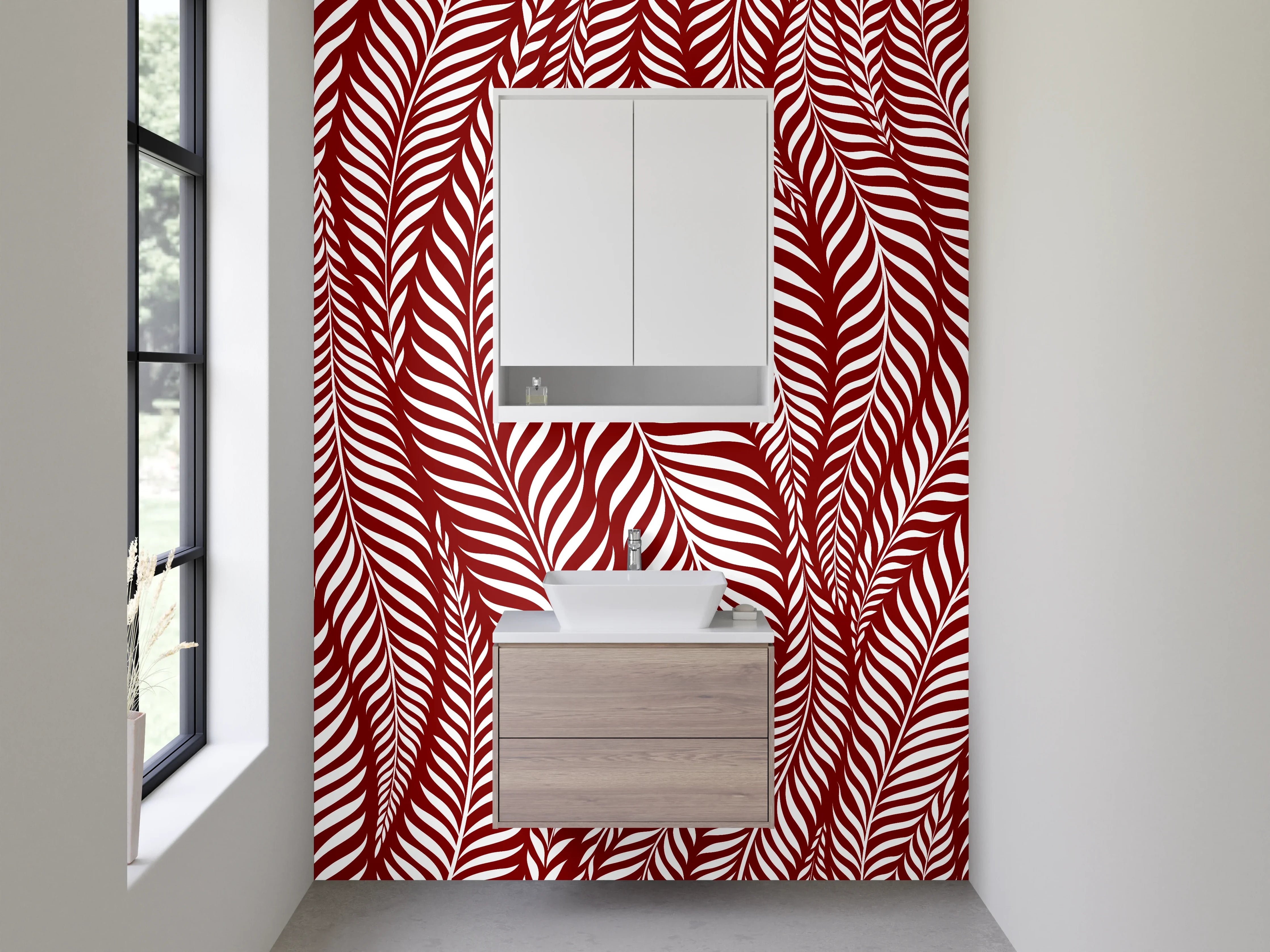 Waschbecken-Rückwand - Modernes Blättermuster in Rot Weiß