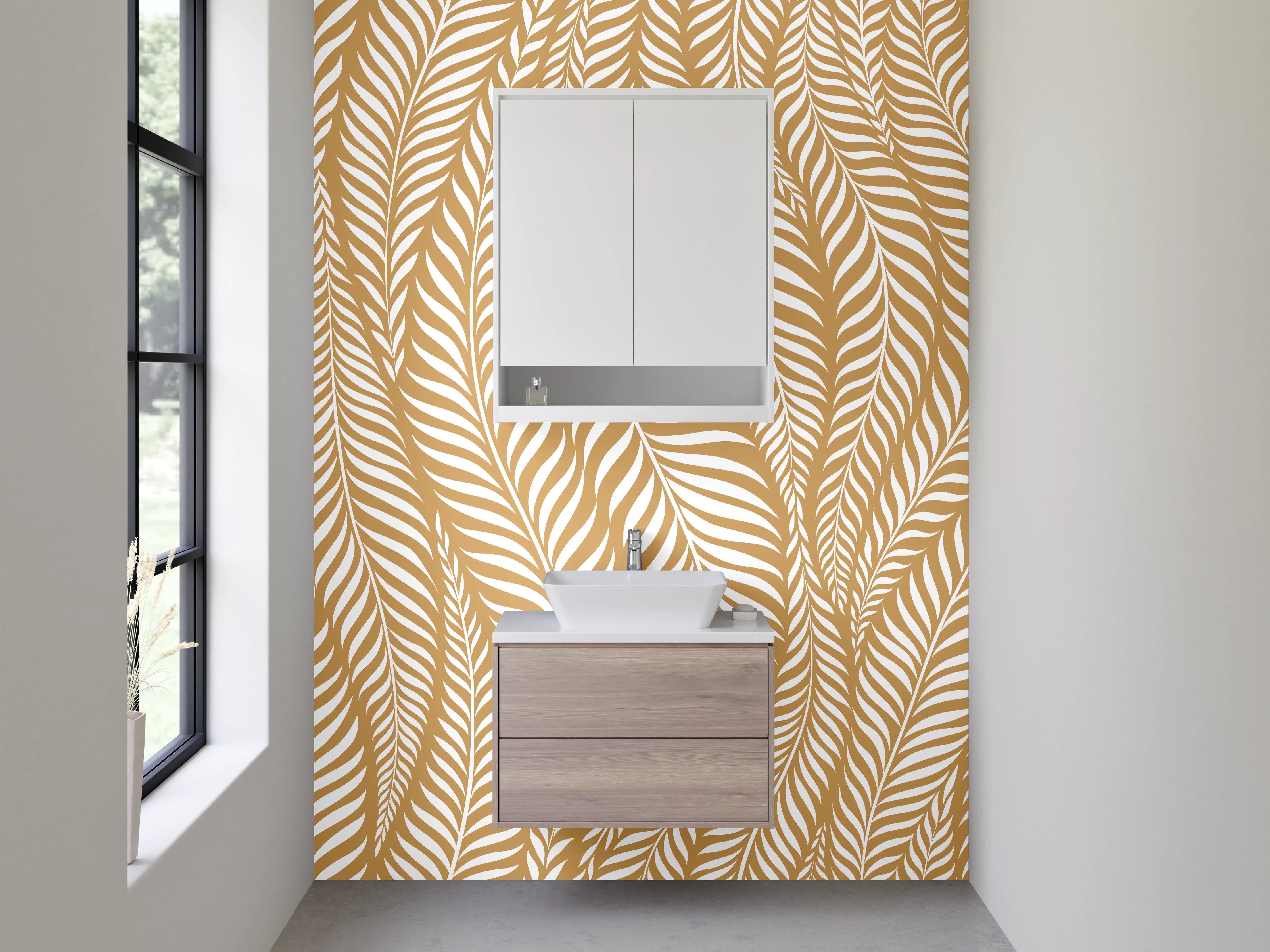 Waschbecken-Rückwand - Modernes Blattmuster Gold Beige Weiß