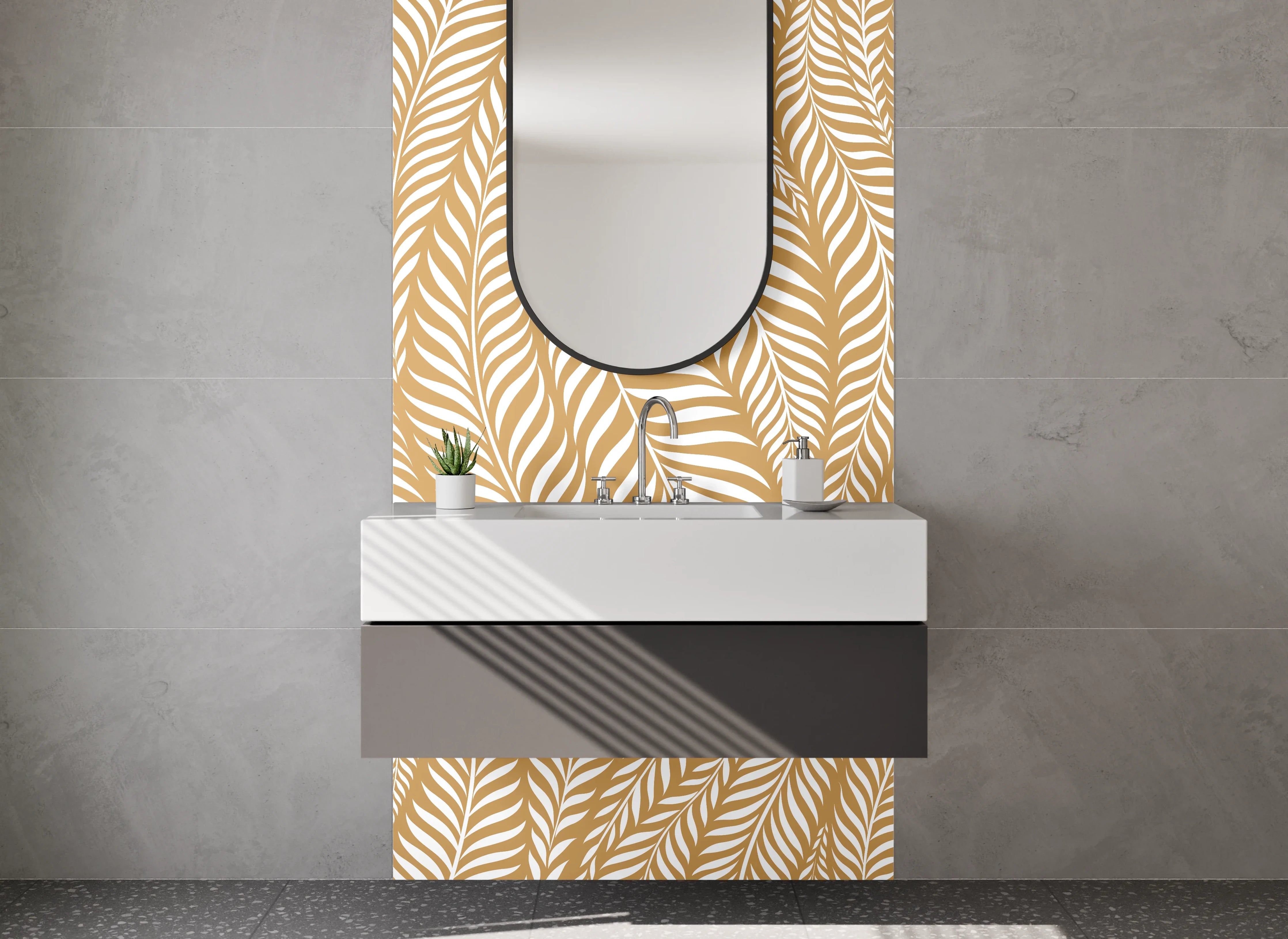 Waschbecken-Rückwand - Modernes Blattmuster Gold Beige Weiß
