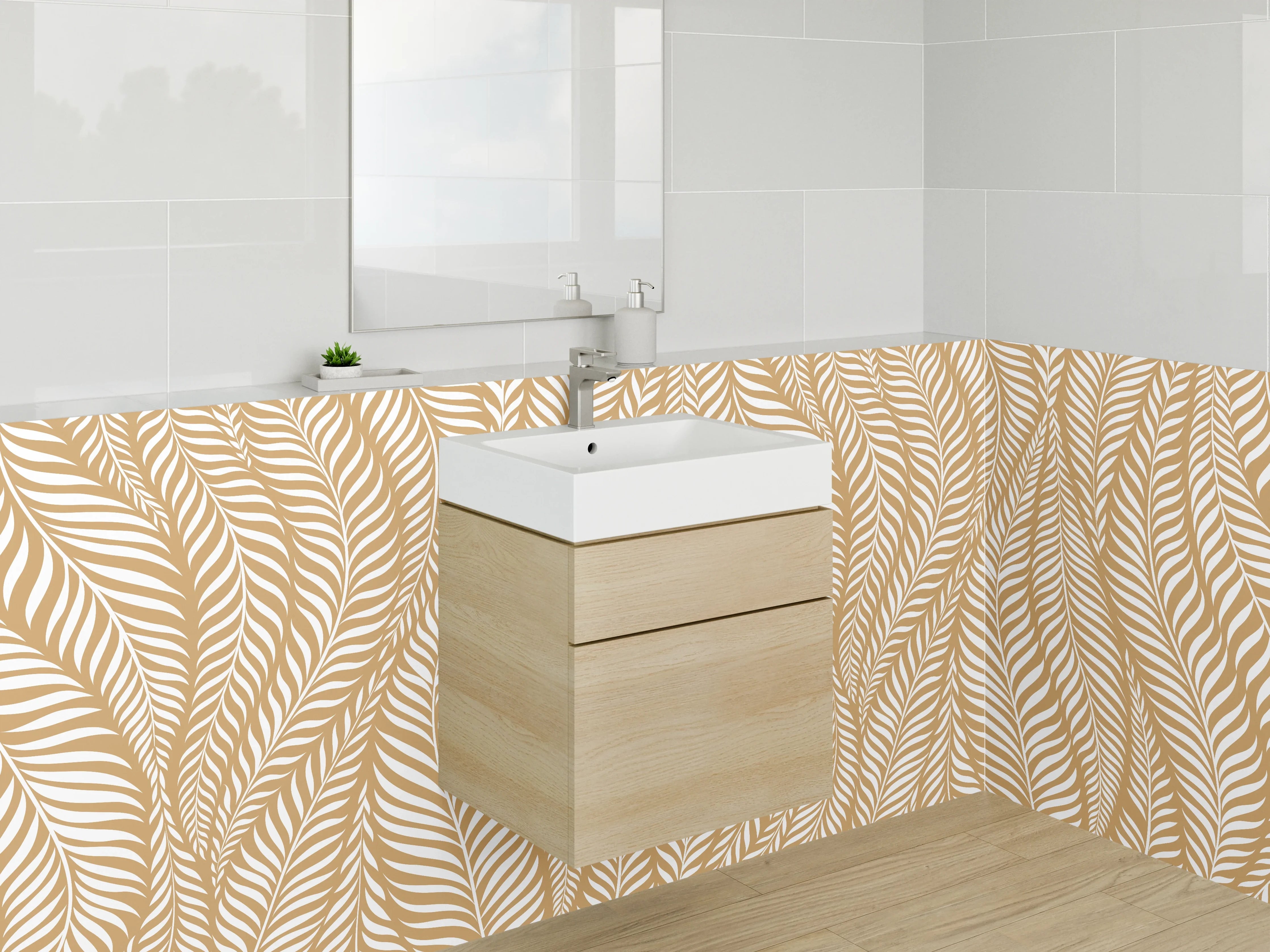 Waschbecken-Rückwand - Modernes Blattmuster Gold Beige Weiß