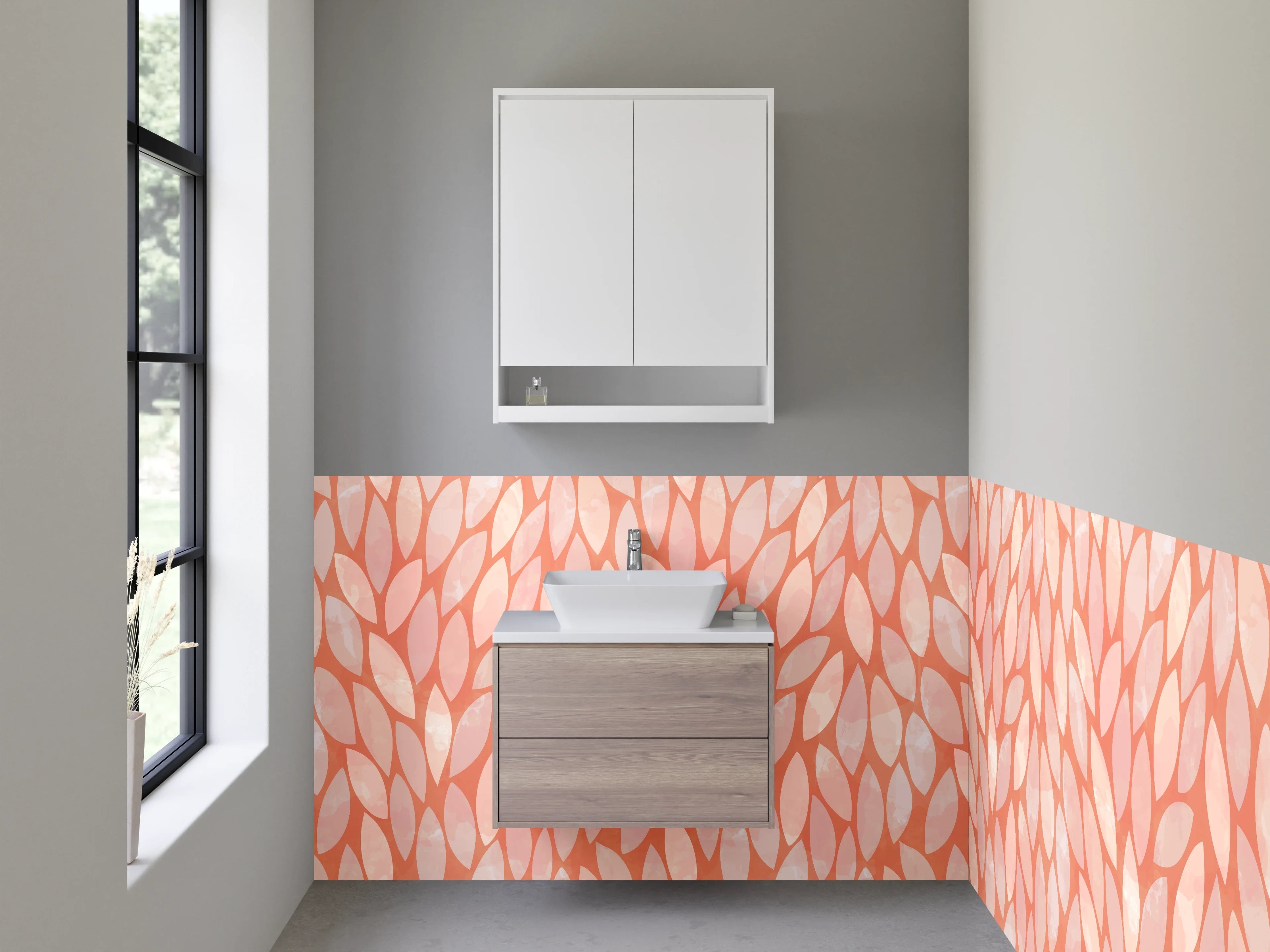 Waschbecken-Rückwand - Modernes Blattmuster in Rosa-Orange