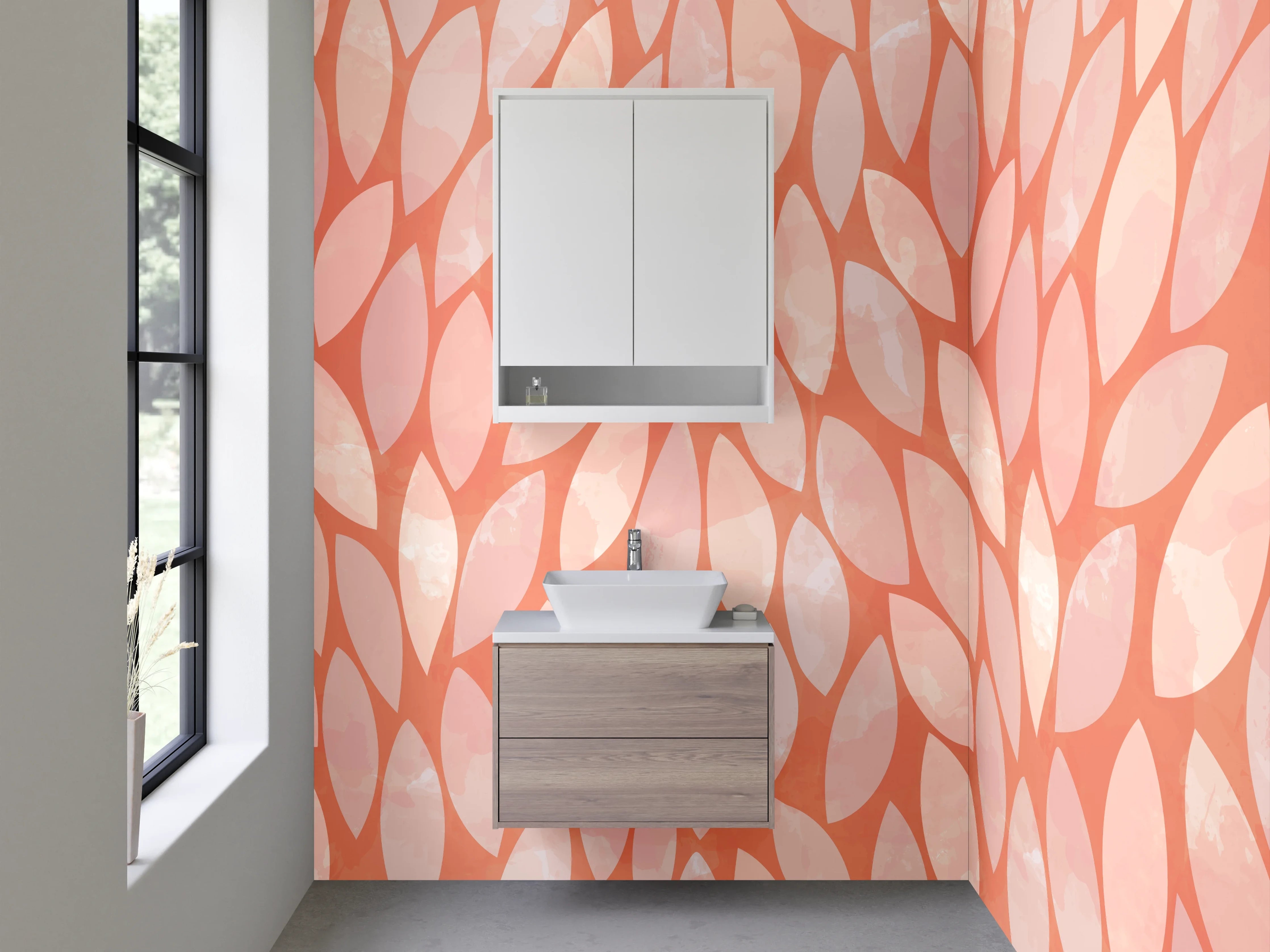Waschbecken-Rückwand - Modernes Blattmuster in Rosa-Orange