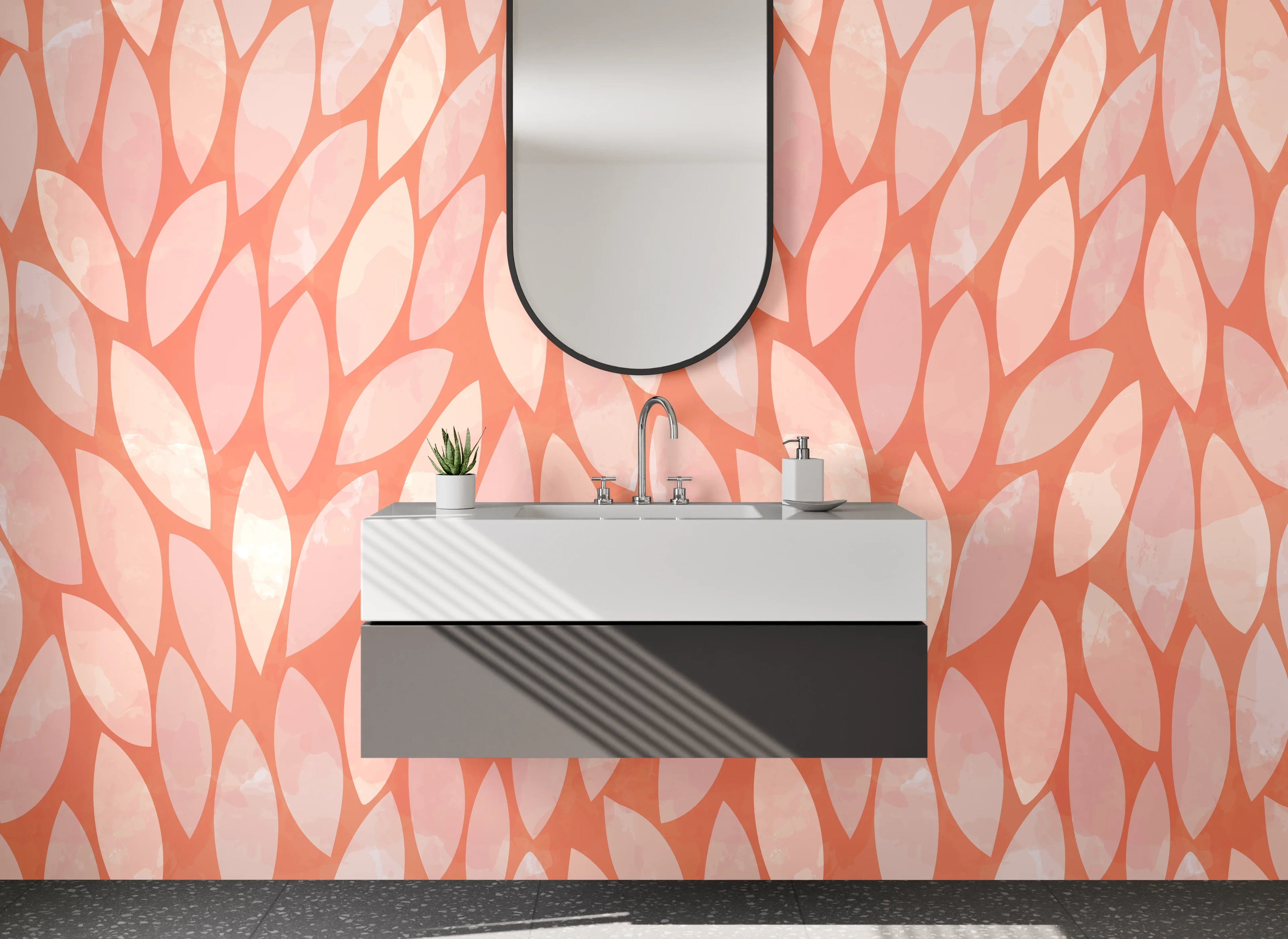 Waschbecken-Rückwand - Modernes Blattmuster in Rosa-Orange