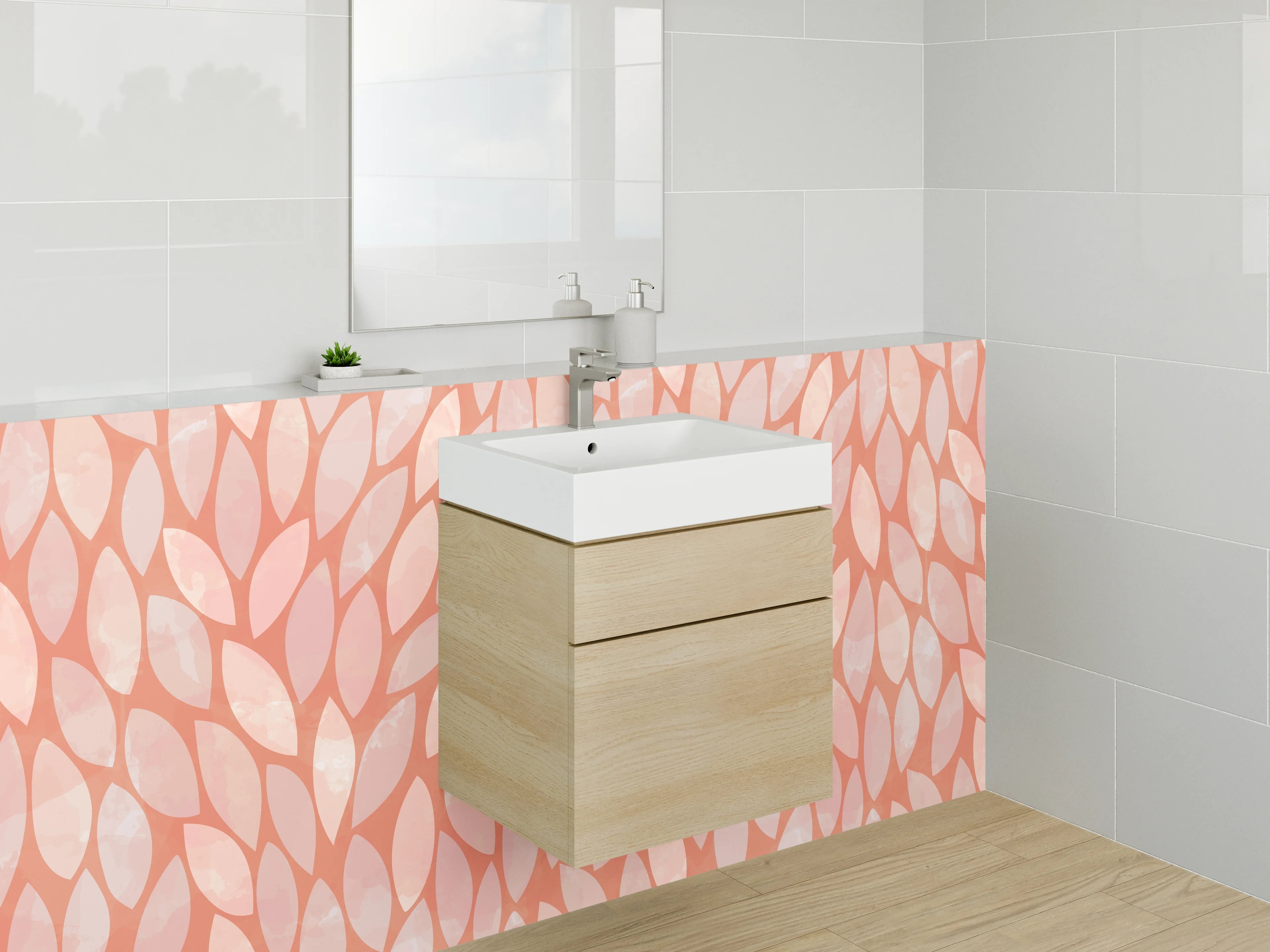 Waschbecken-Rückwand - Modernes Blattmuster in Rosa-Orange