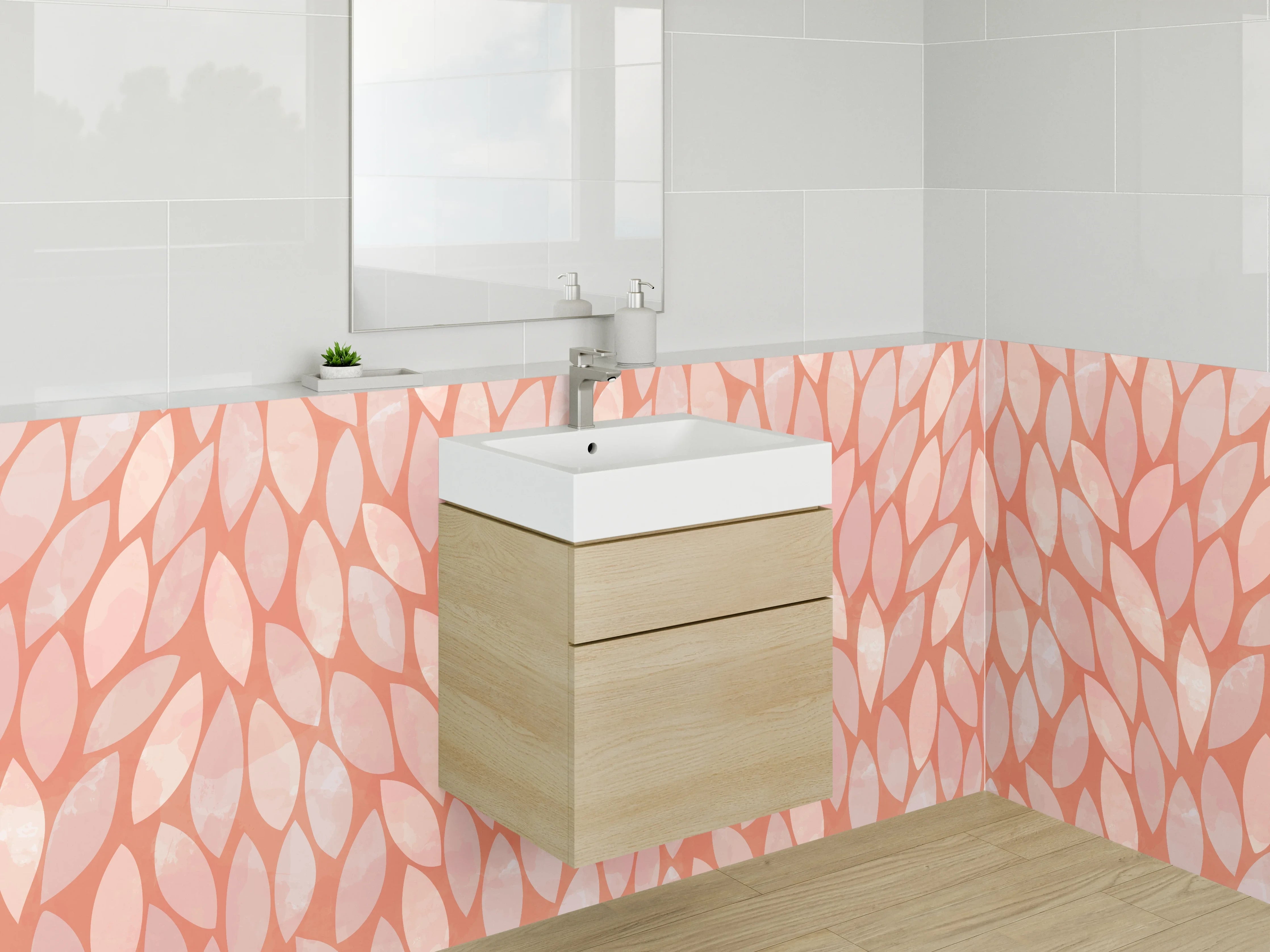 Waschbecken-Rückwand - Modernes Blattmuster in Rosa-Orange