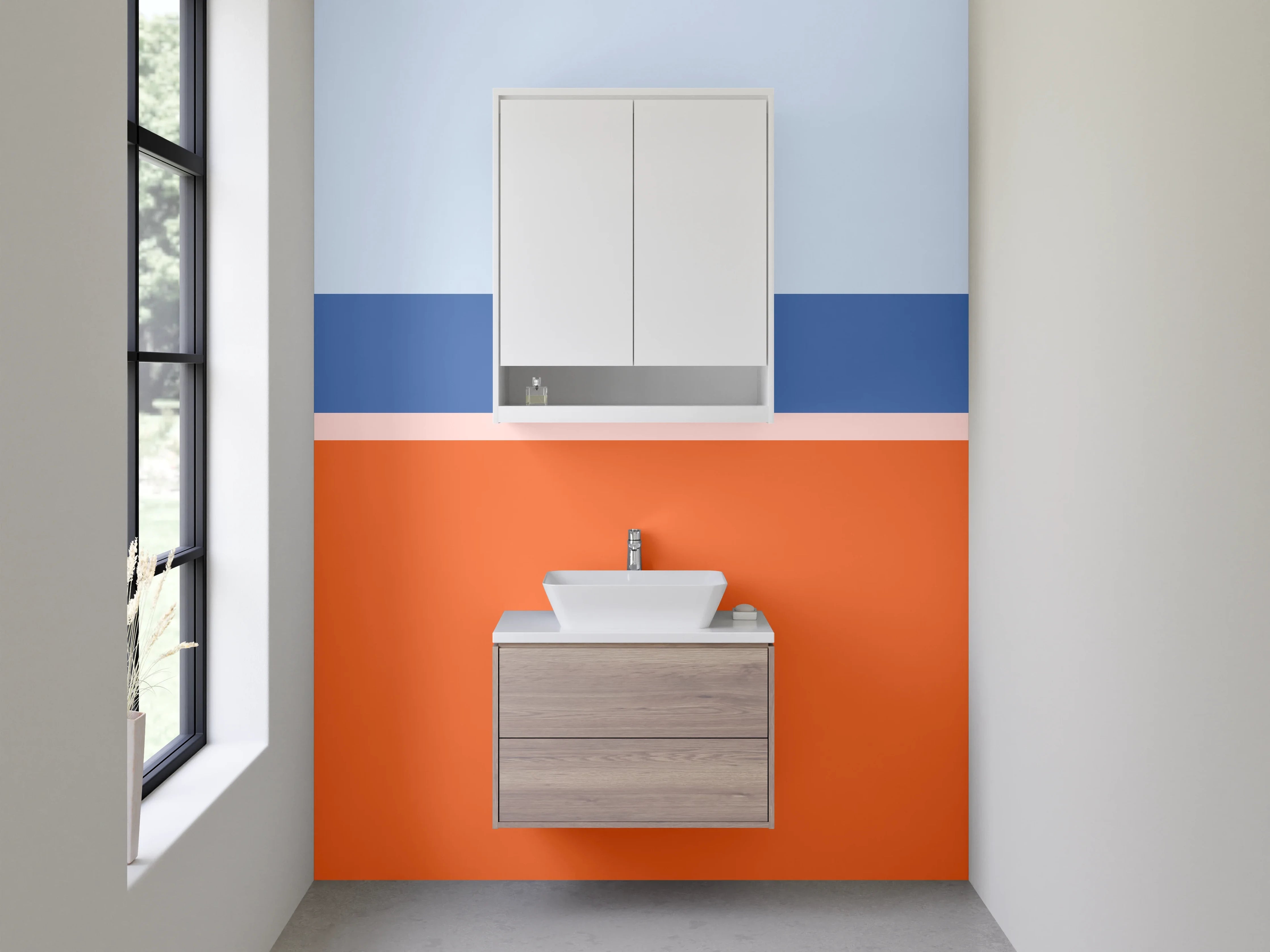 Waschbecken-Rückwand - Modernes Blockstreifen-Design in Orange und Blau