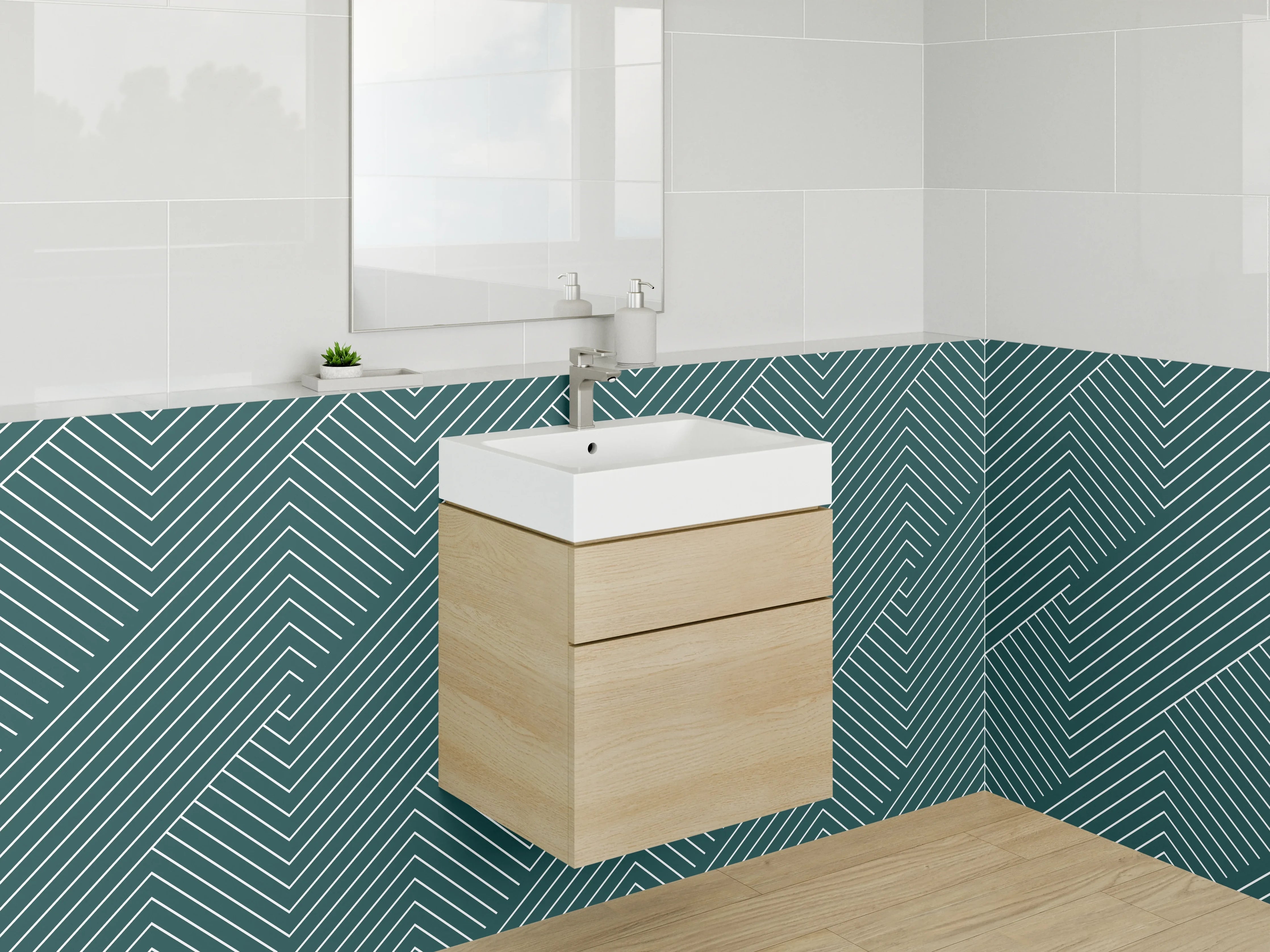 Waschbecken-Rückwand - Modernes Chevron-Linienmuster Grün Weiß