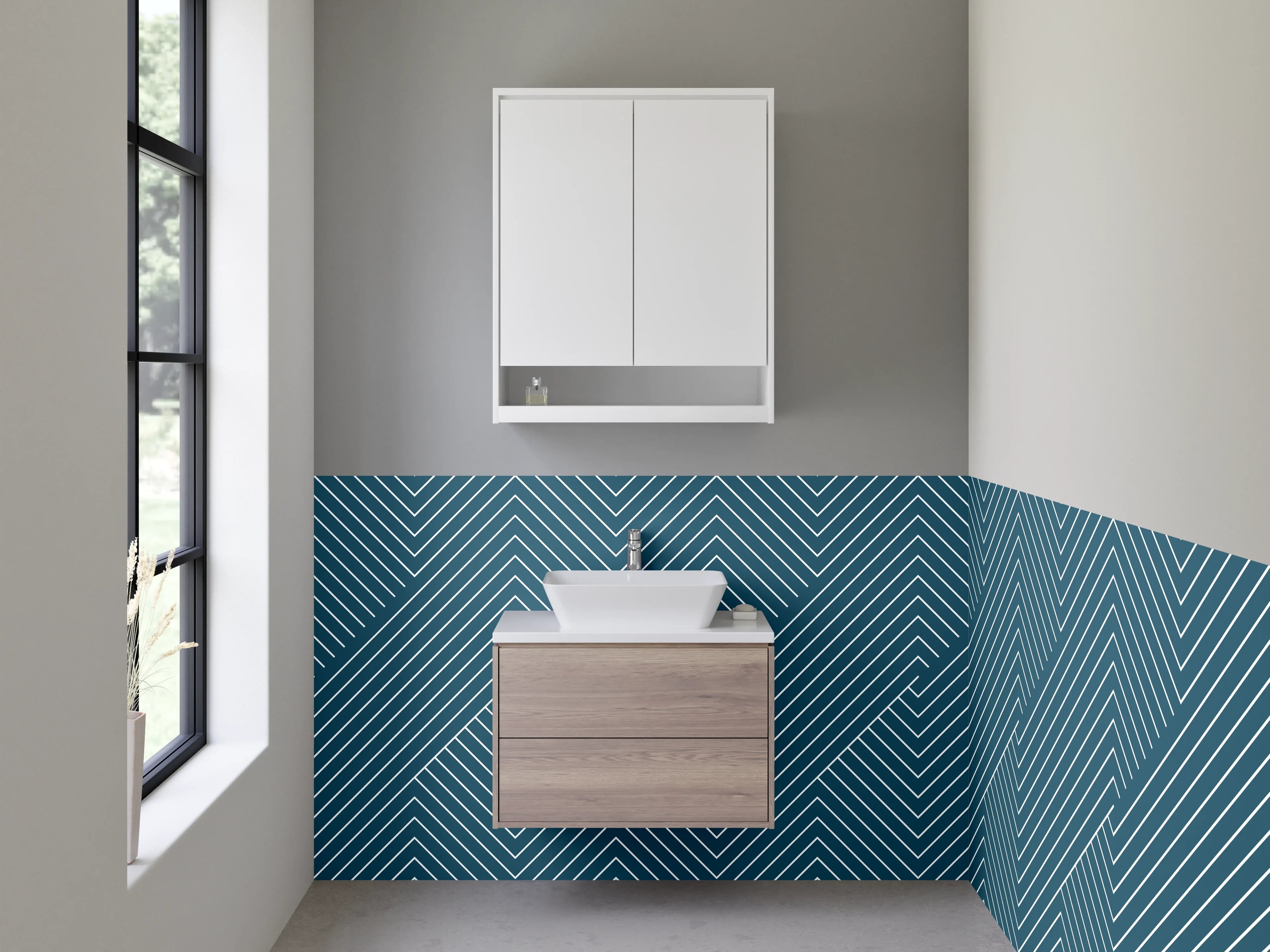 Waschbecken-Rückwand - Modernes Chevron-Linienmuster in Blauweiß