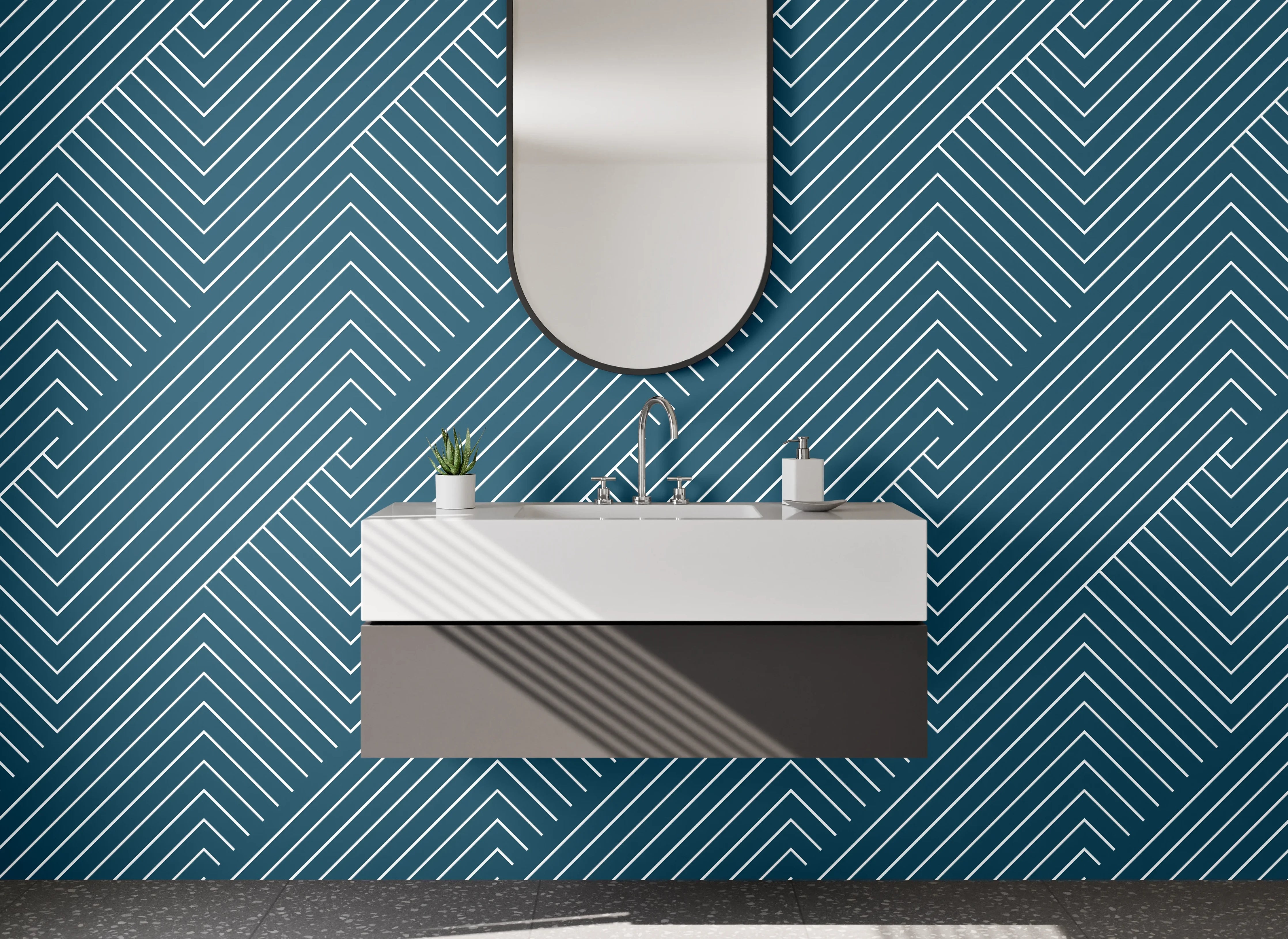 Waschbecken-Rückwand - Modernes Chevron-Linienmuster in Blauweiß