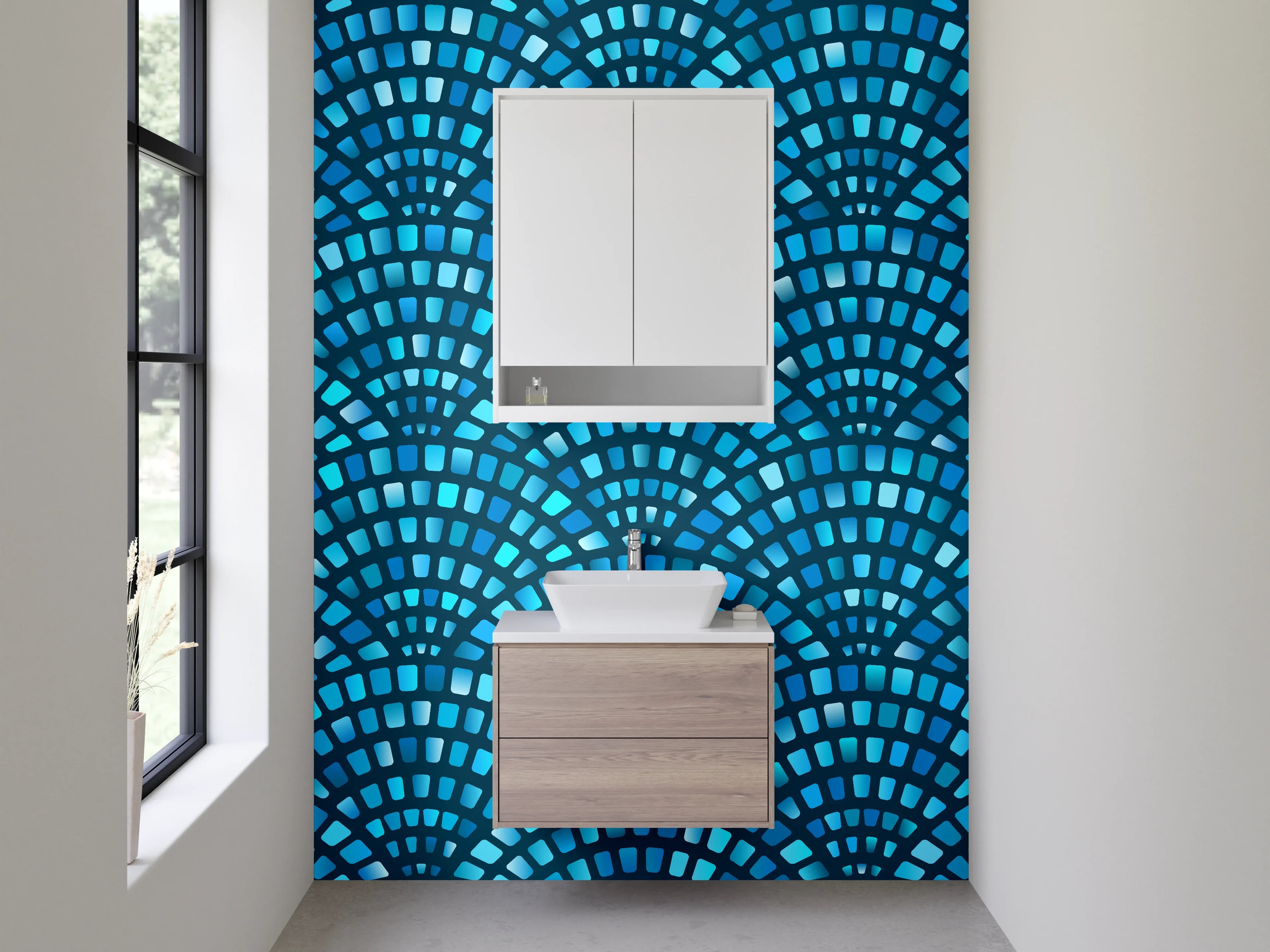 Waschbecken-Rückwand - Modernes Fächer-Mosaik in Blau