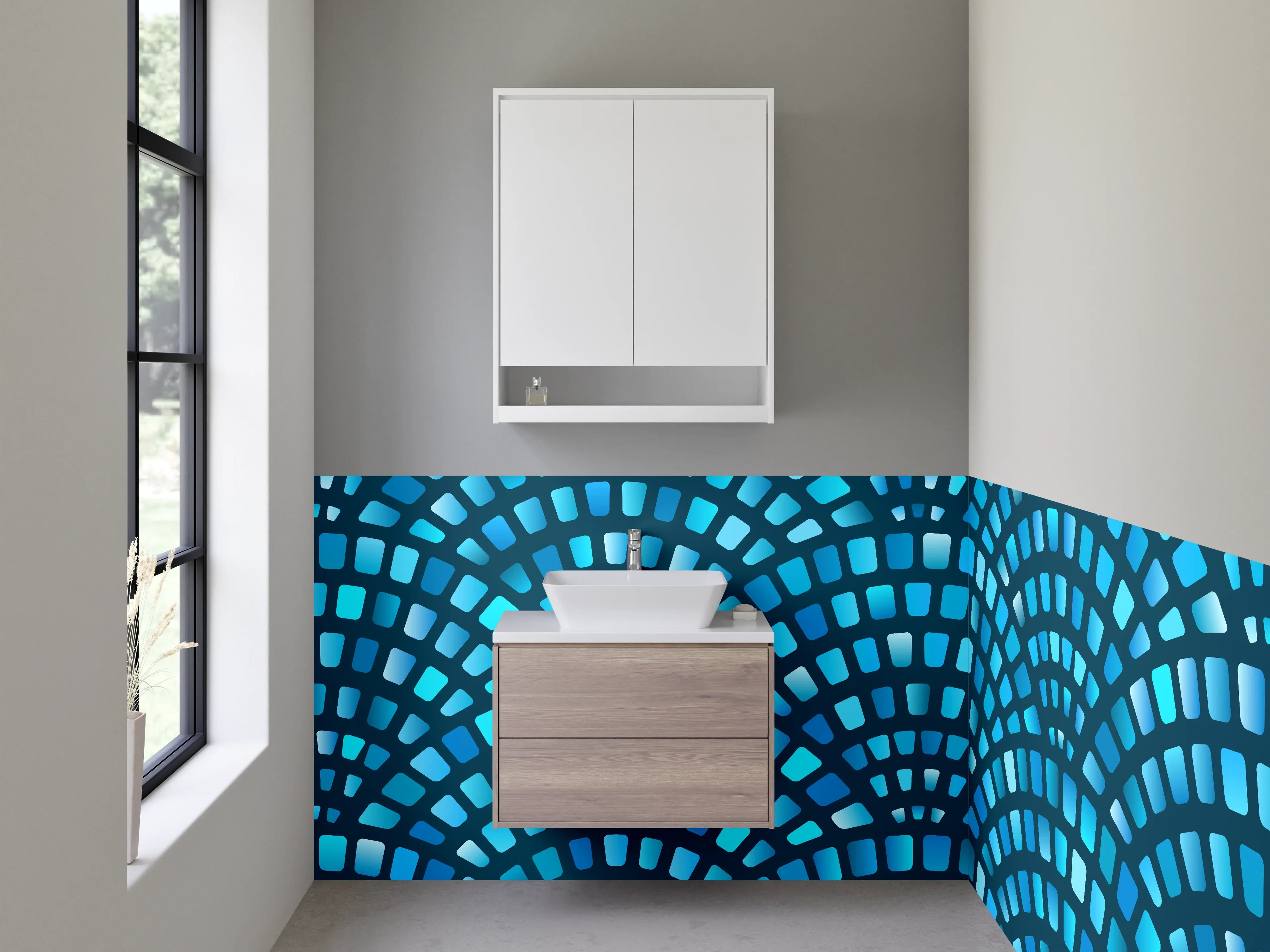 Waschbecken-Rückwand - Modernes Fächer-Mosaik in Blau