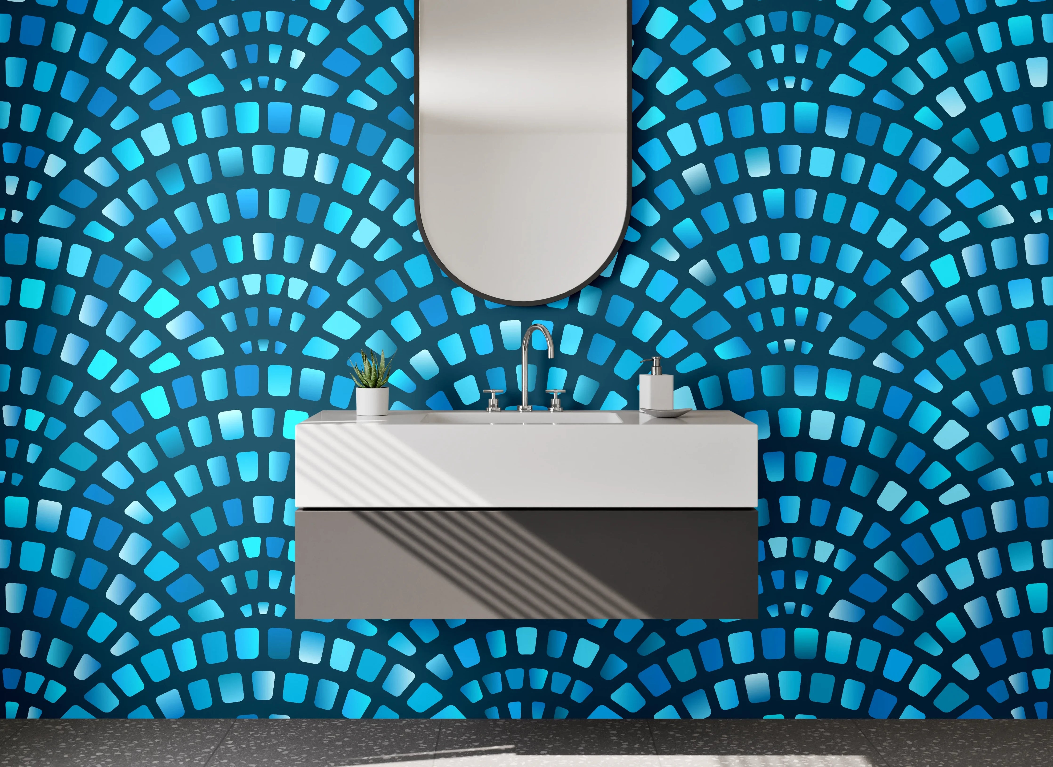 Waschbecken-Rückwand - Modernes Fächer-Mosaik in Blau