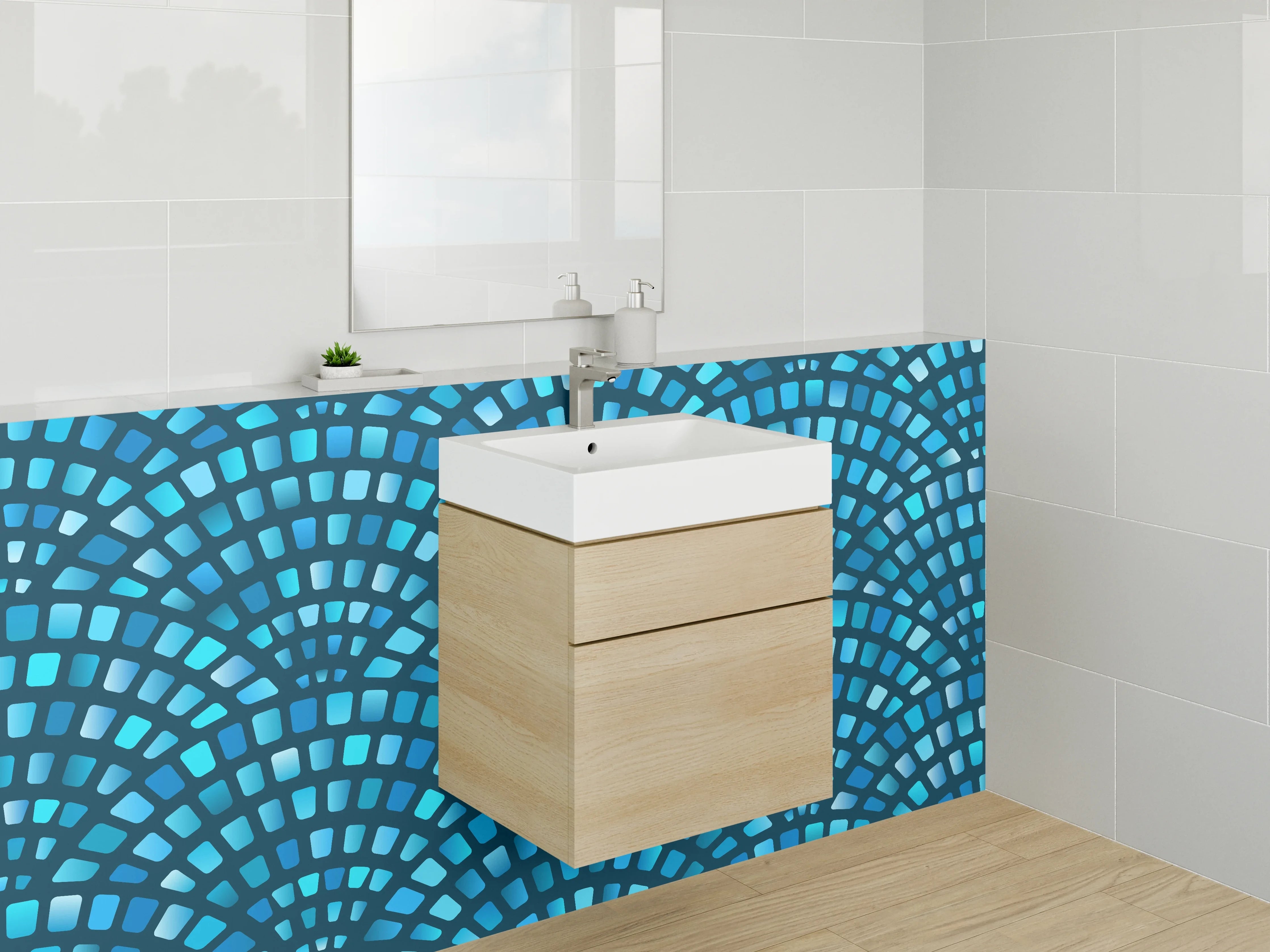 Waschbecken-Rückwand - Modernes Fächer-Mosaik in Blau