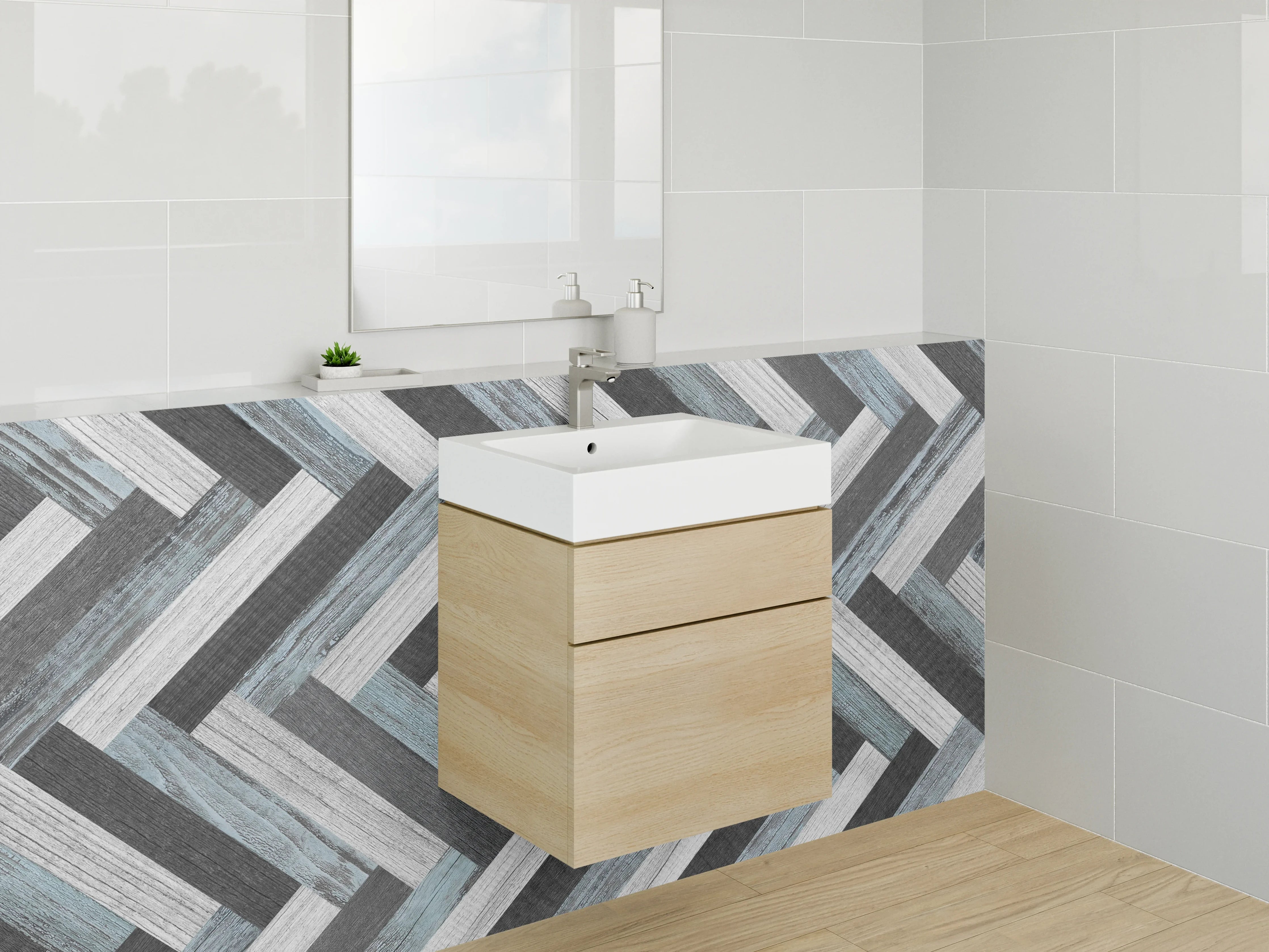 Waschbecken-Rückwand - Modernes Fischgrät-Muster grau-blau-weiß