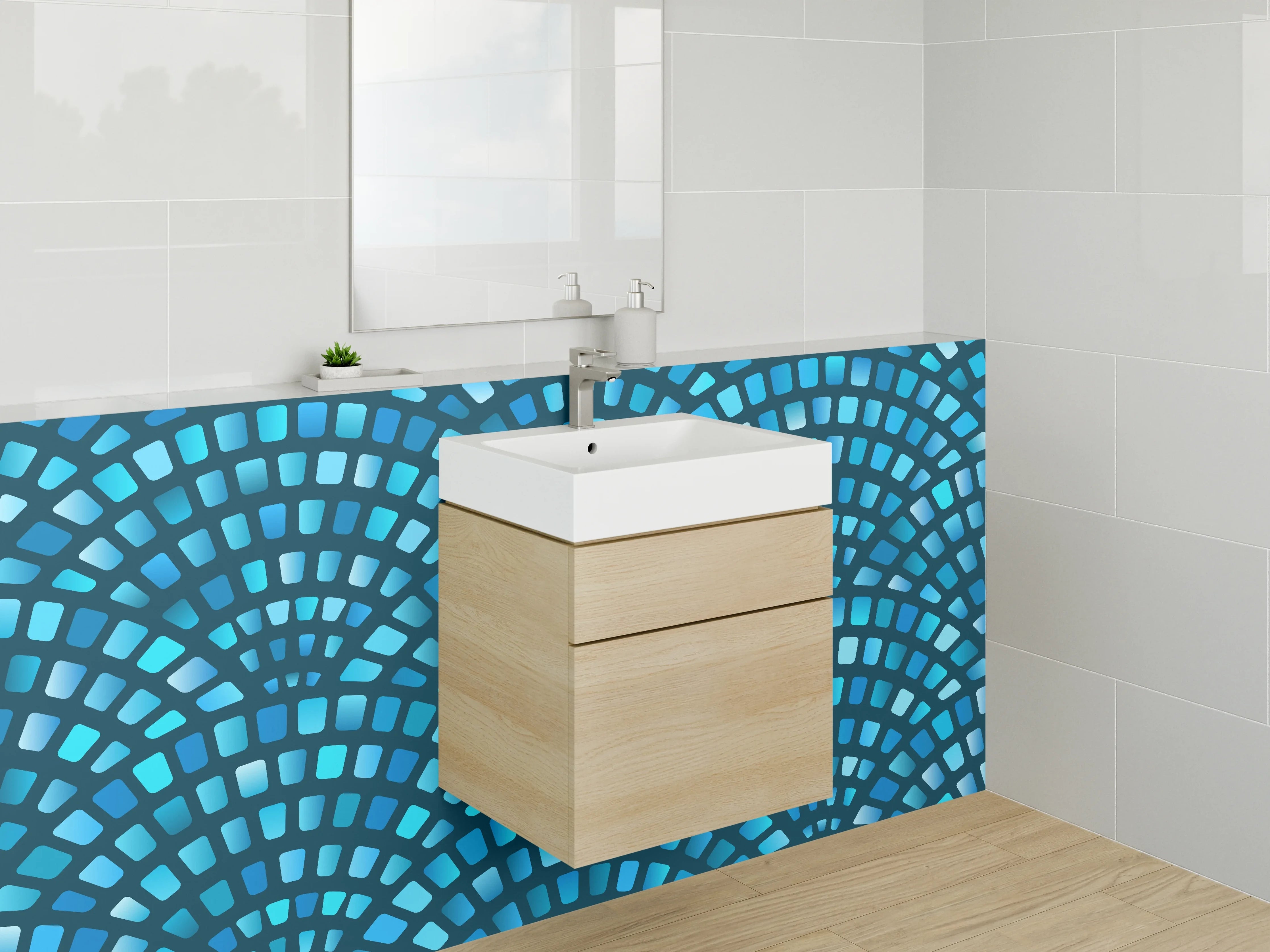 Waschbecken-Rückwand - Modernes Fischschuppen-Muster in Blau
