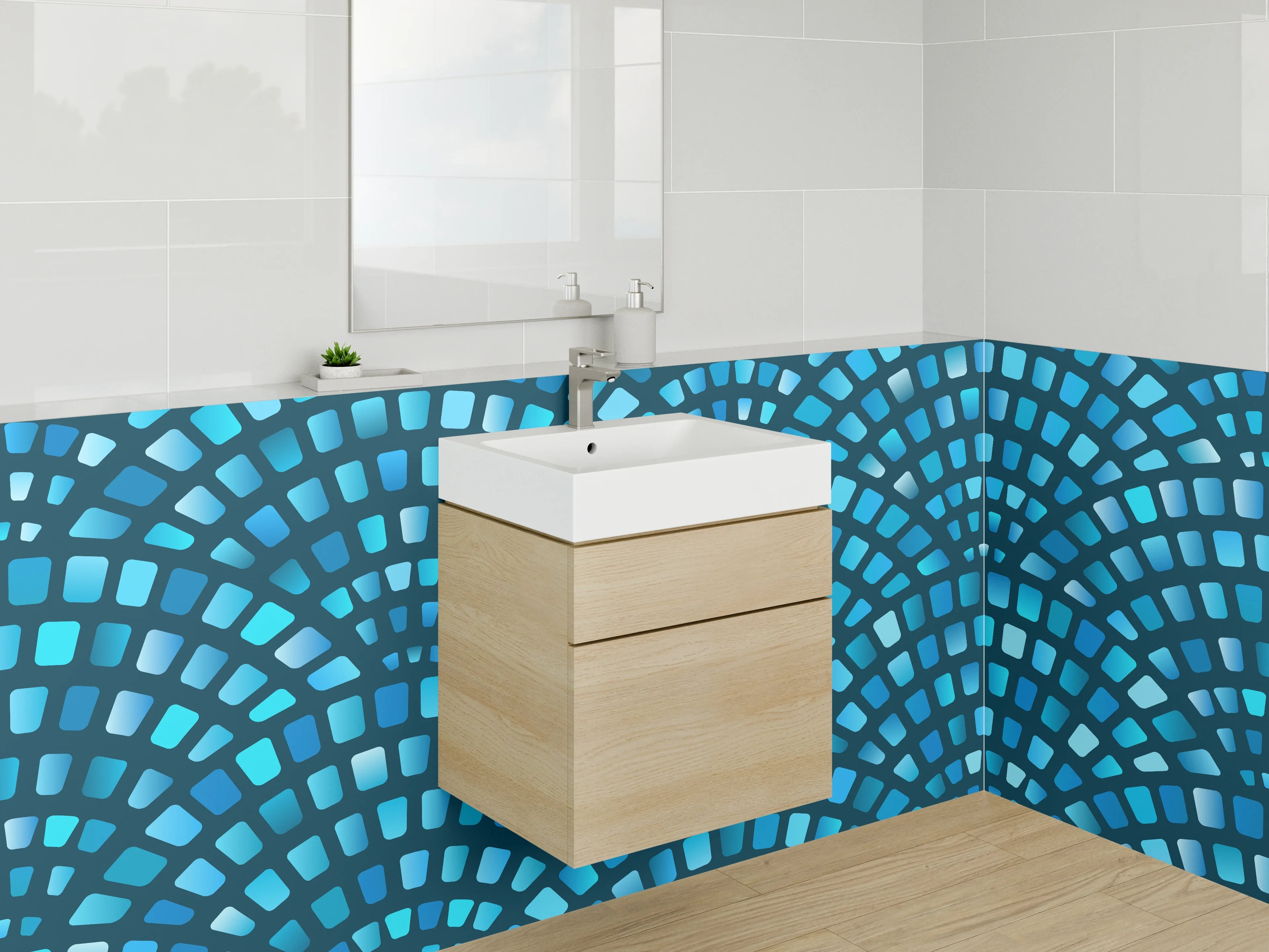 Waschbecken-Rückwand - Modernes Fischschuppen-Muster in Blau