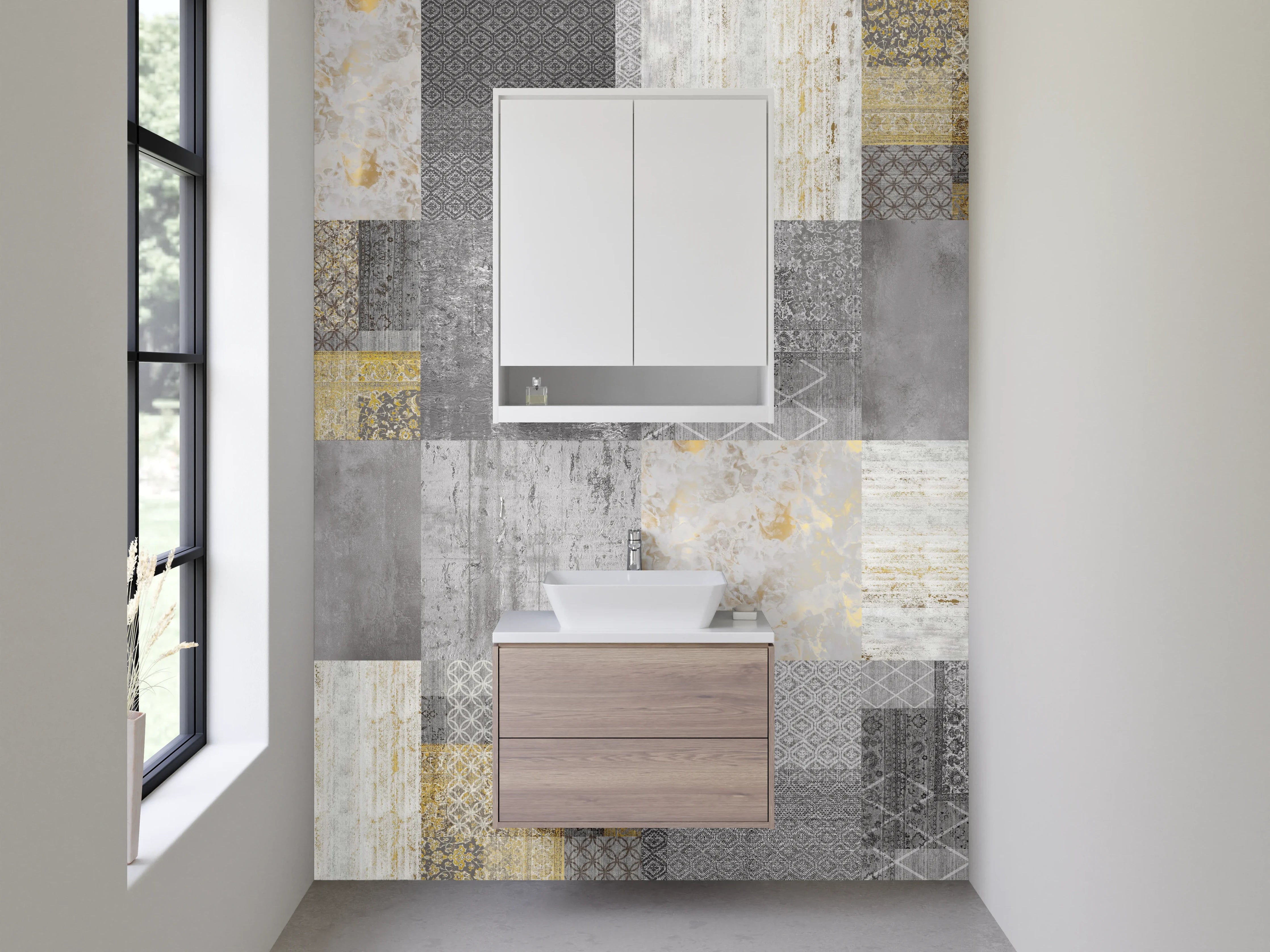 Waschbecken-Rückwand - Modernes Fliesen Patchwork in Grau-Gold