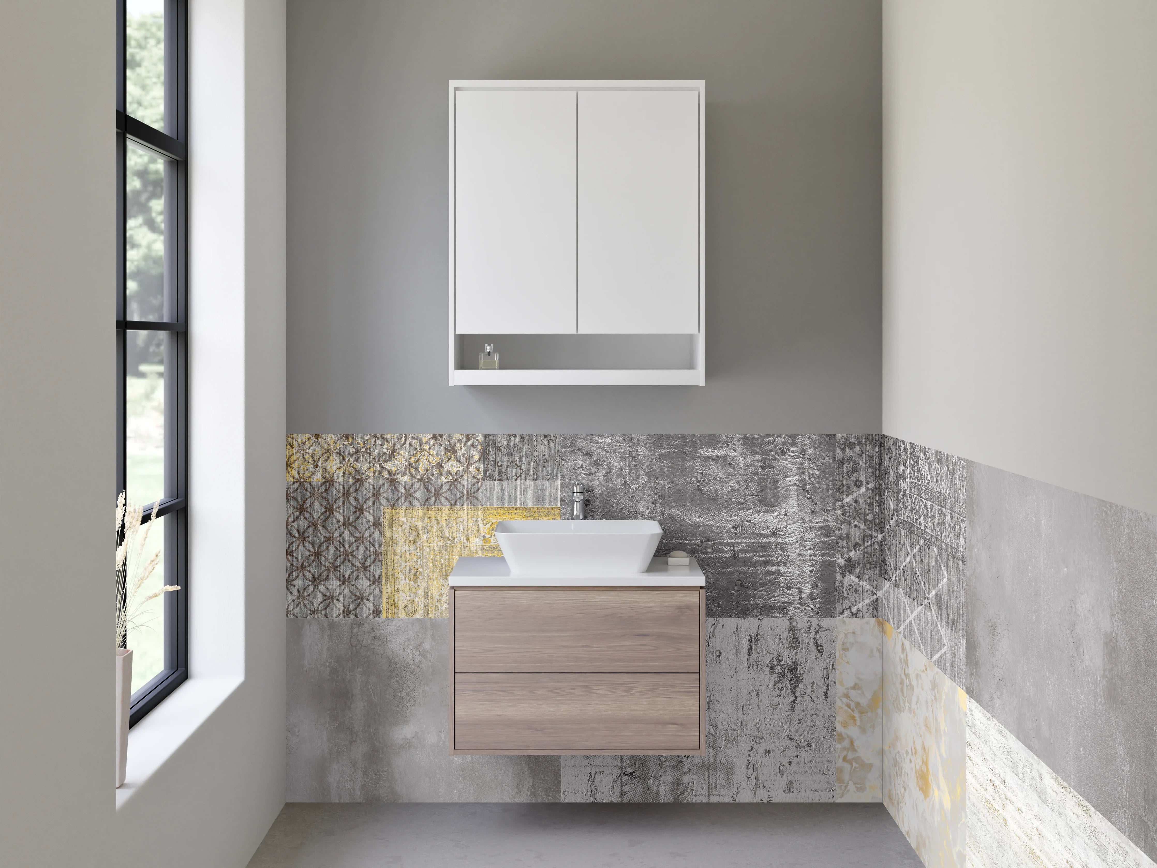 Waschbecken-Rückwand - Modernes Fliesen Patchwork in Grau-Gold