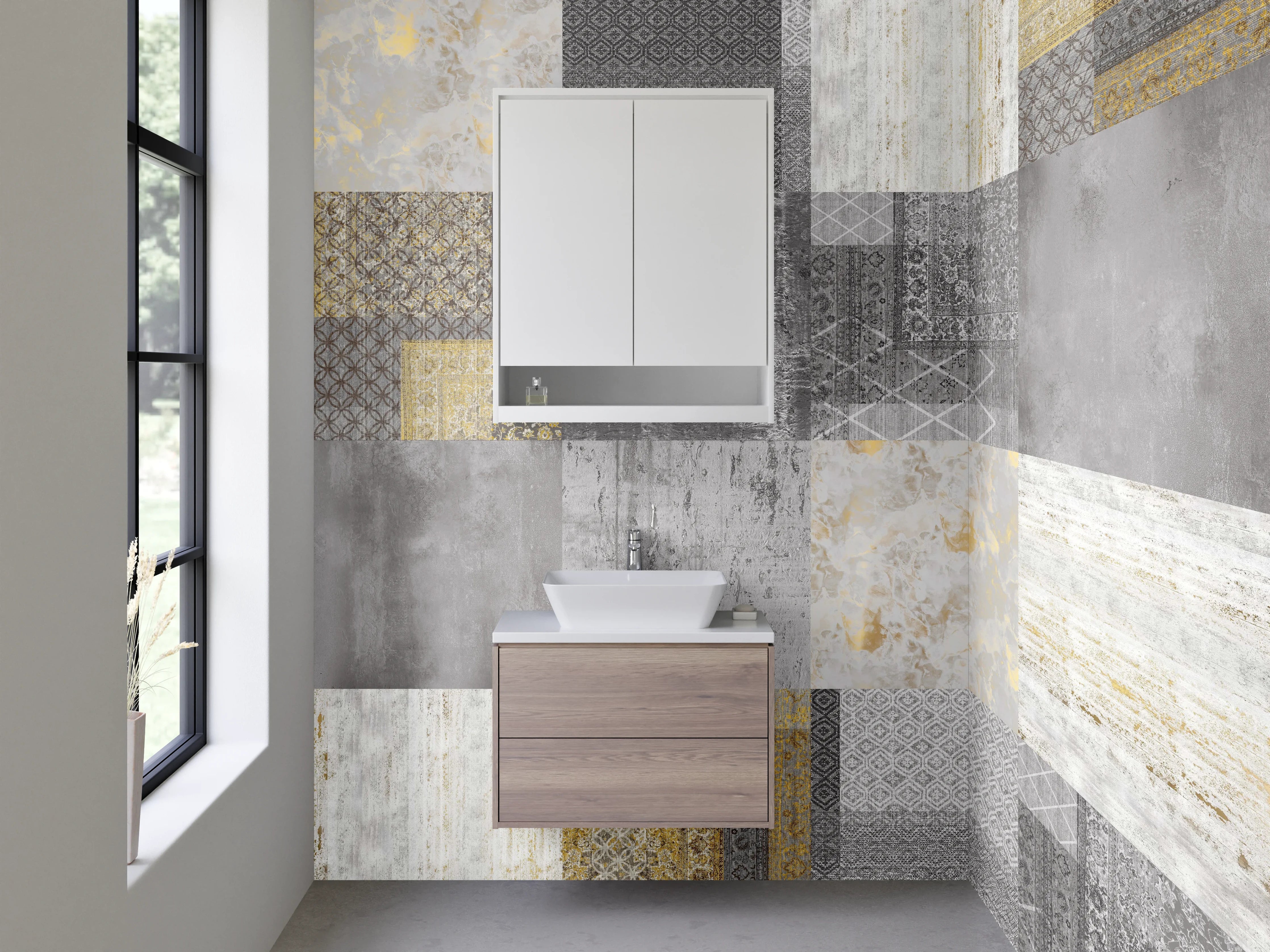 Waschbecken-Rückwand - Modernes Fliesen Patchwork in Grau-Gold