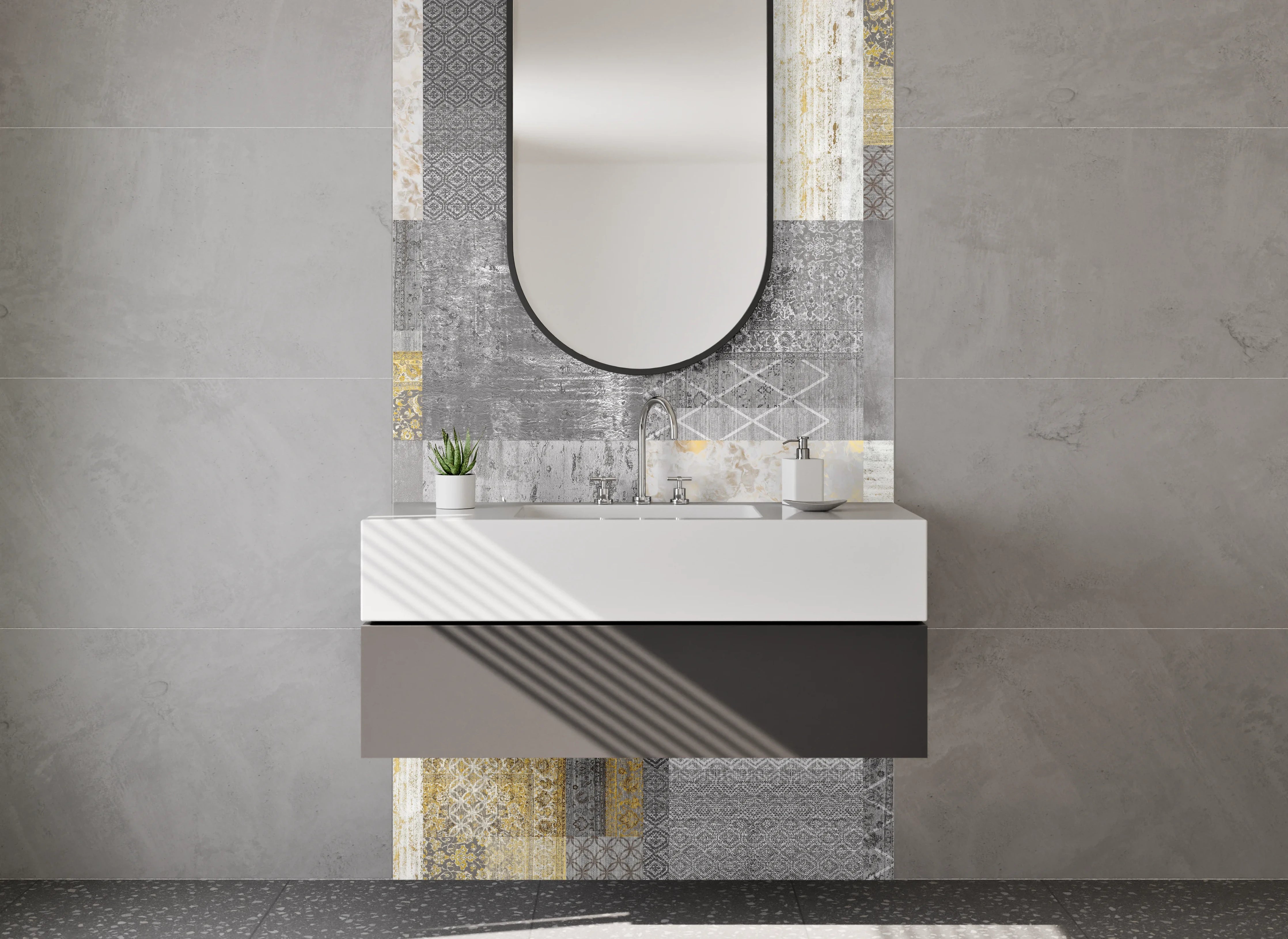 Waschbecken-Rückwand - Modernes Fliesen Patchwork in Grau-Gold