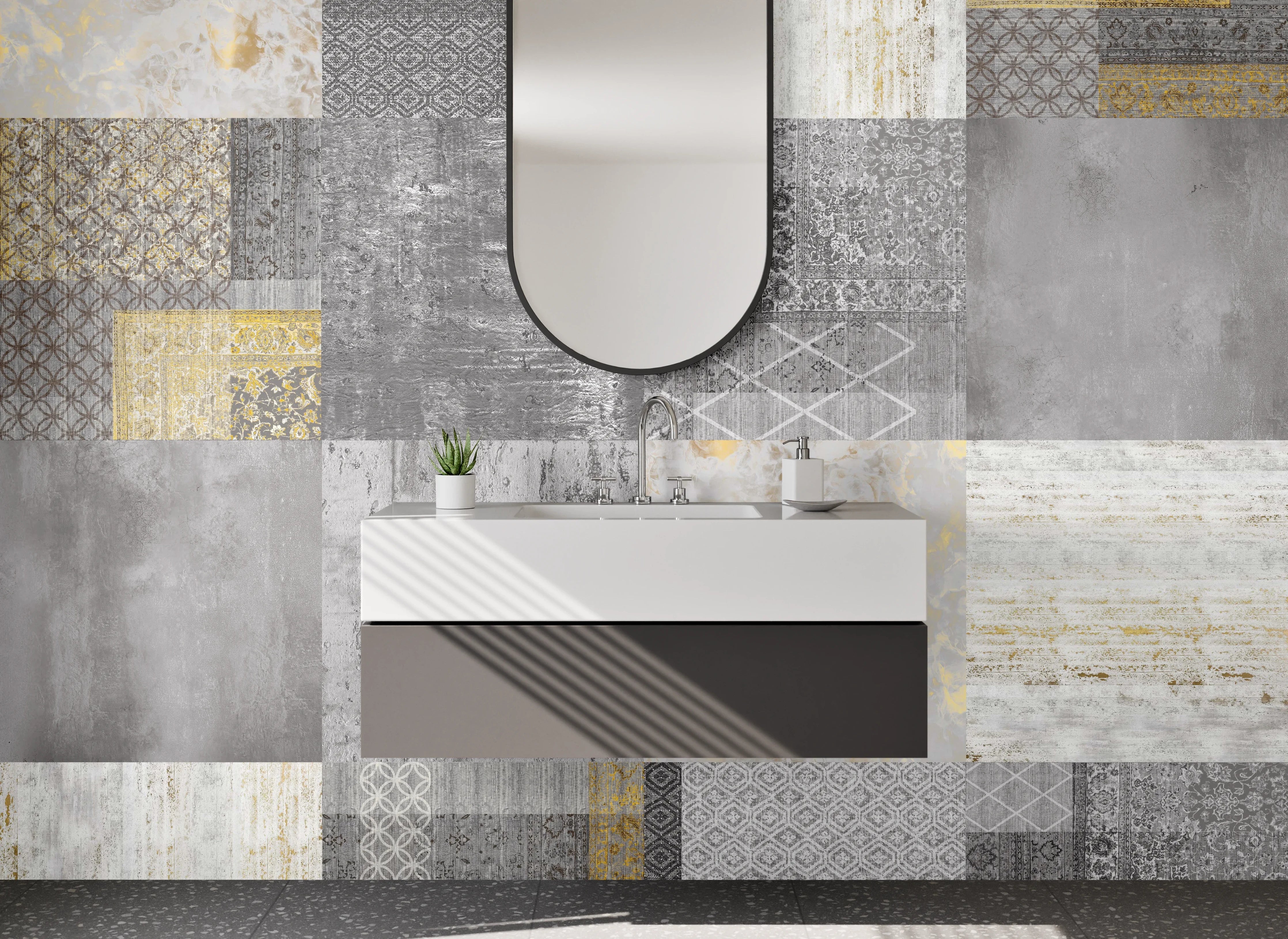 Waschbecken-Rückwand - Modernes Fliesen Patchwork in Grau-Gold