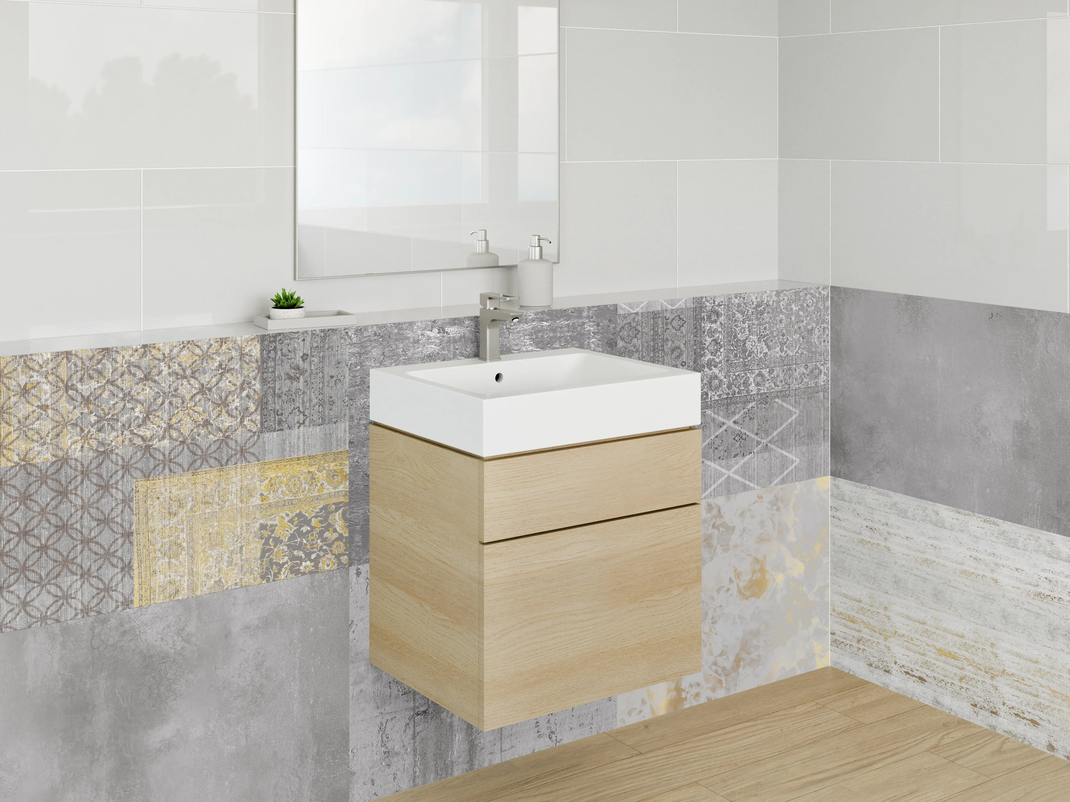 Waschbecken-Rückwand - Modernes Fliesen Patchwork in Grau-Gold