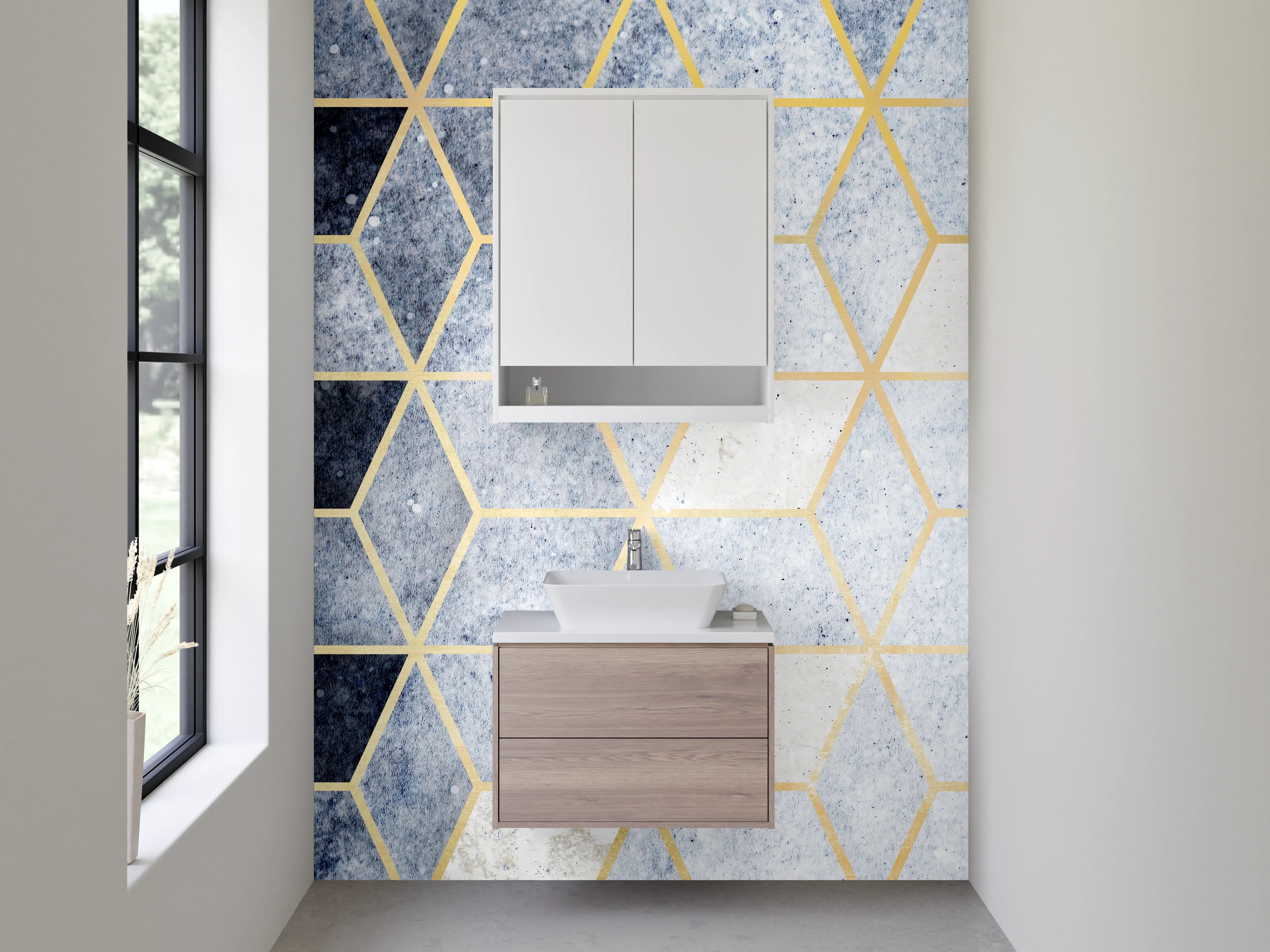 Waschbecken-Rückwand - Modernes Geometrie-Muster in Blau-Gold