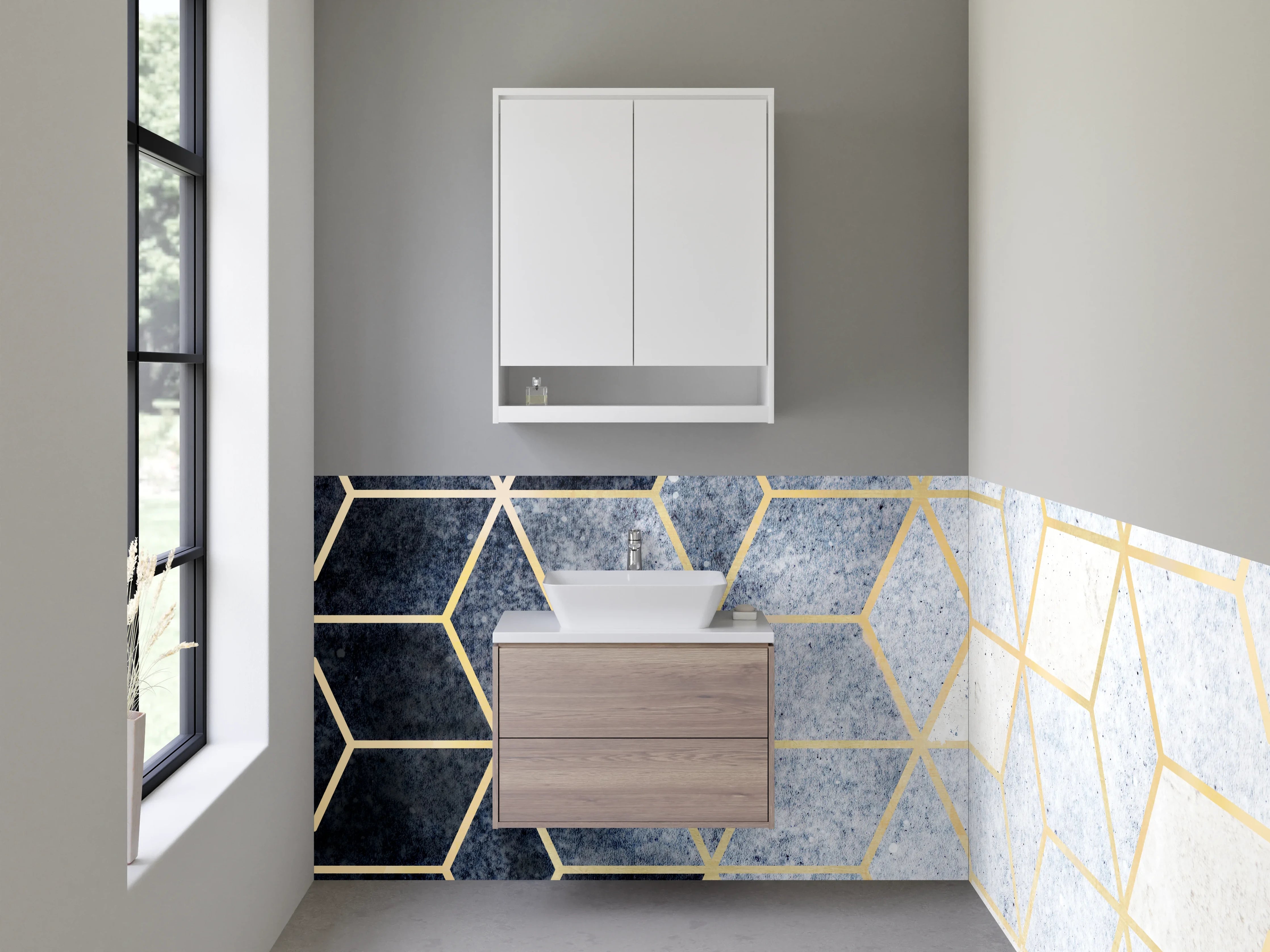 Waschbecken-Rückwand - Modernes Geometrie-Muster in Blau-Gold