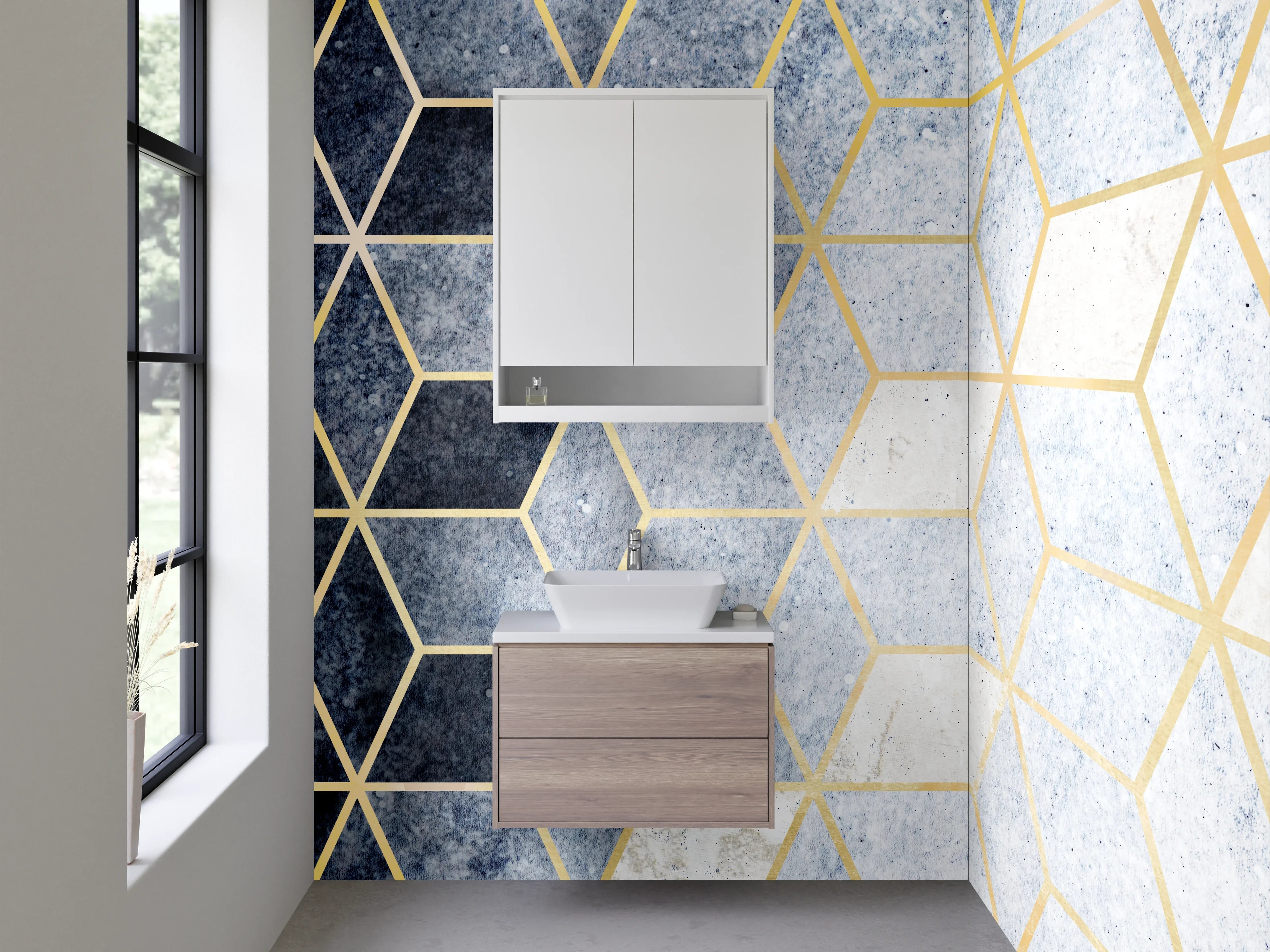 Waschbecken-Rückwand - Modernes Geometrie-Muster in Blau-Gold
