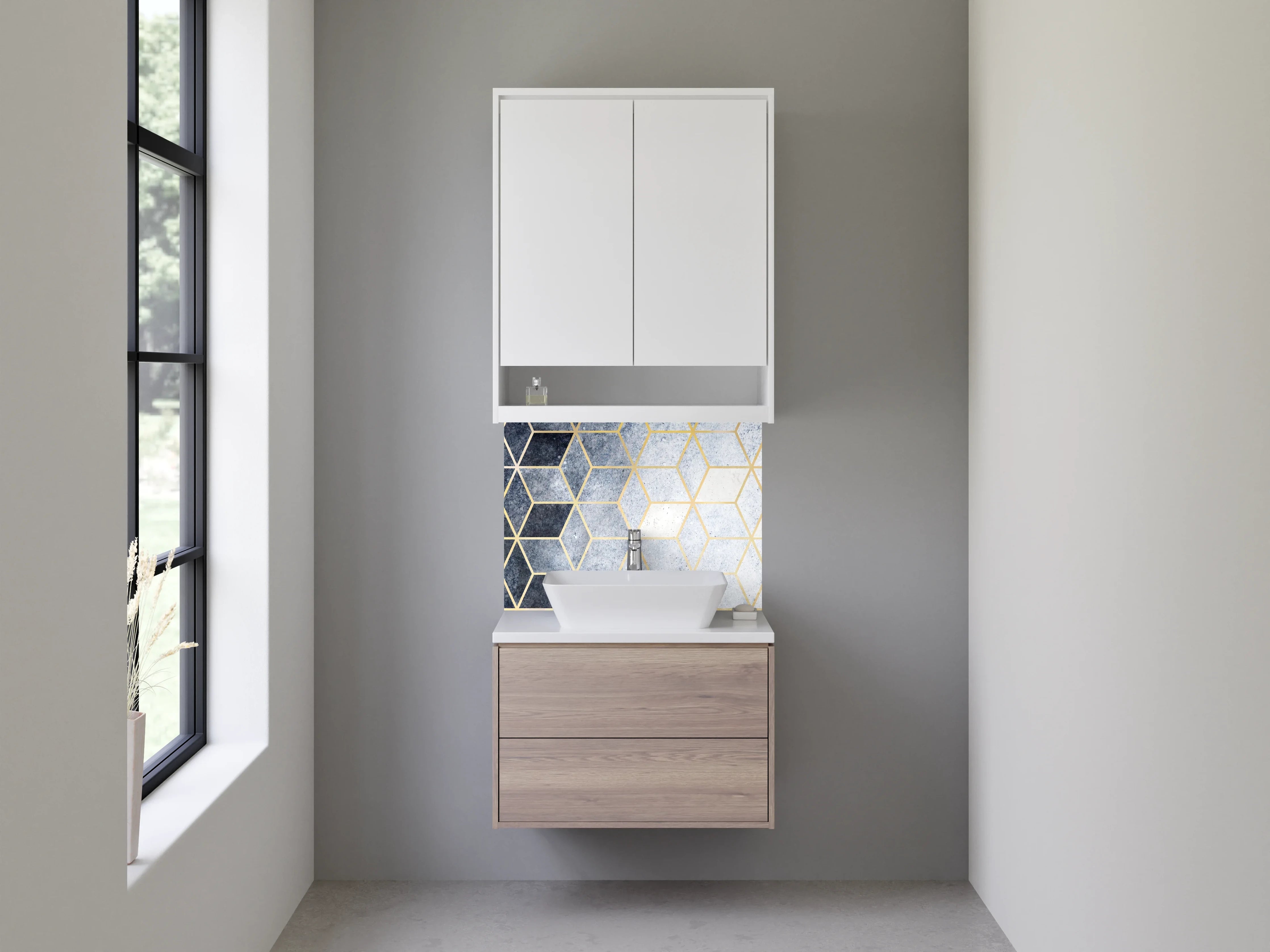 Waschbecken-Rückwand - Modernes Geometrie-Muster in Blau-Gold