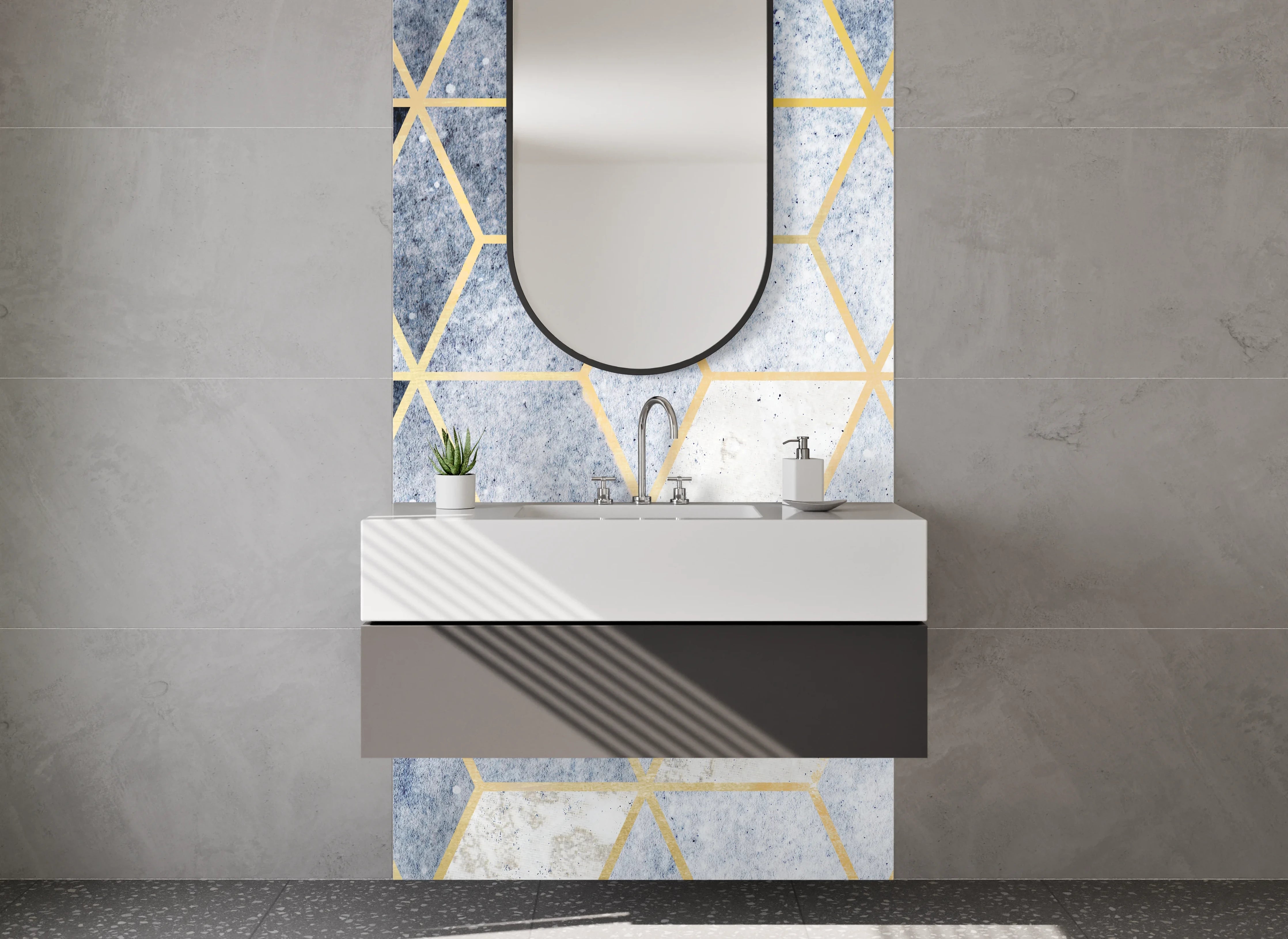 Waschbecken-Rückwand - Modernes Geometrie-Muster in Blau-Gold