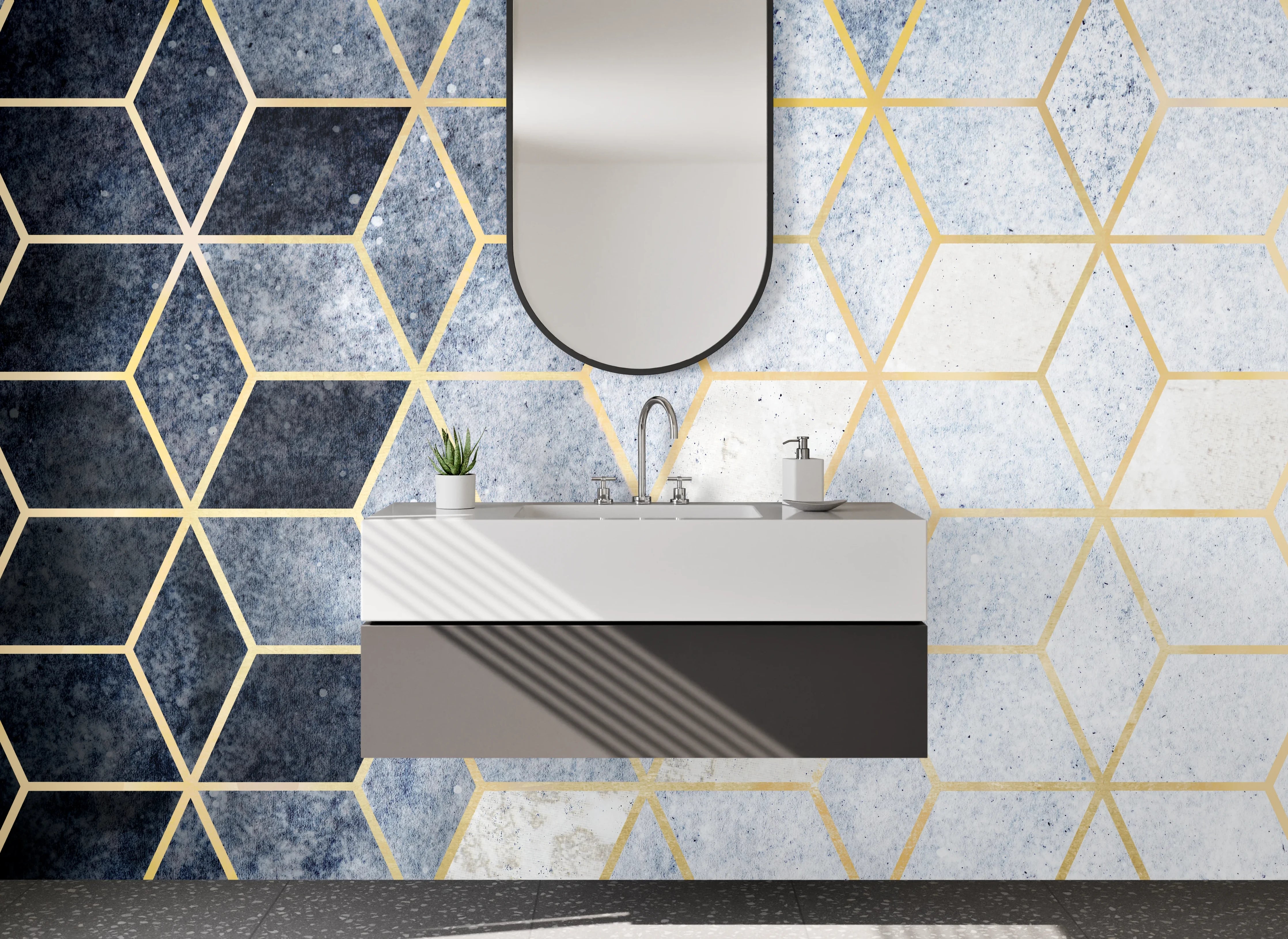 Waschbecken-Rückwand - Modernes Geometrie-Muster in Blau-Gold