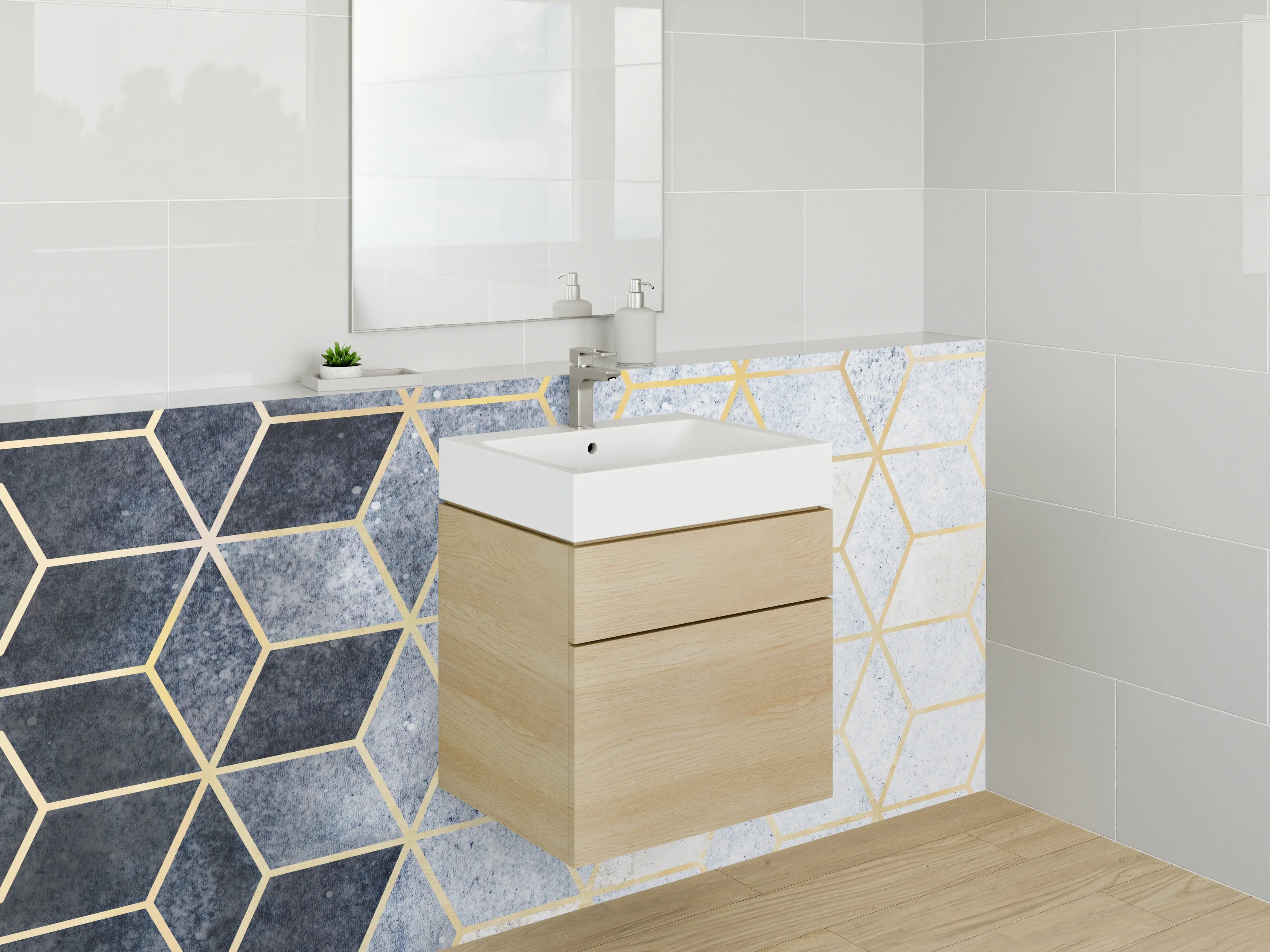 Waschbecken-Rückwand - Modernes Geometrie-Muster in Blau-Gold