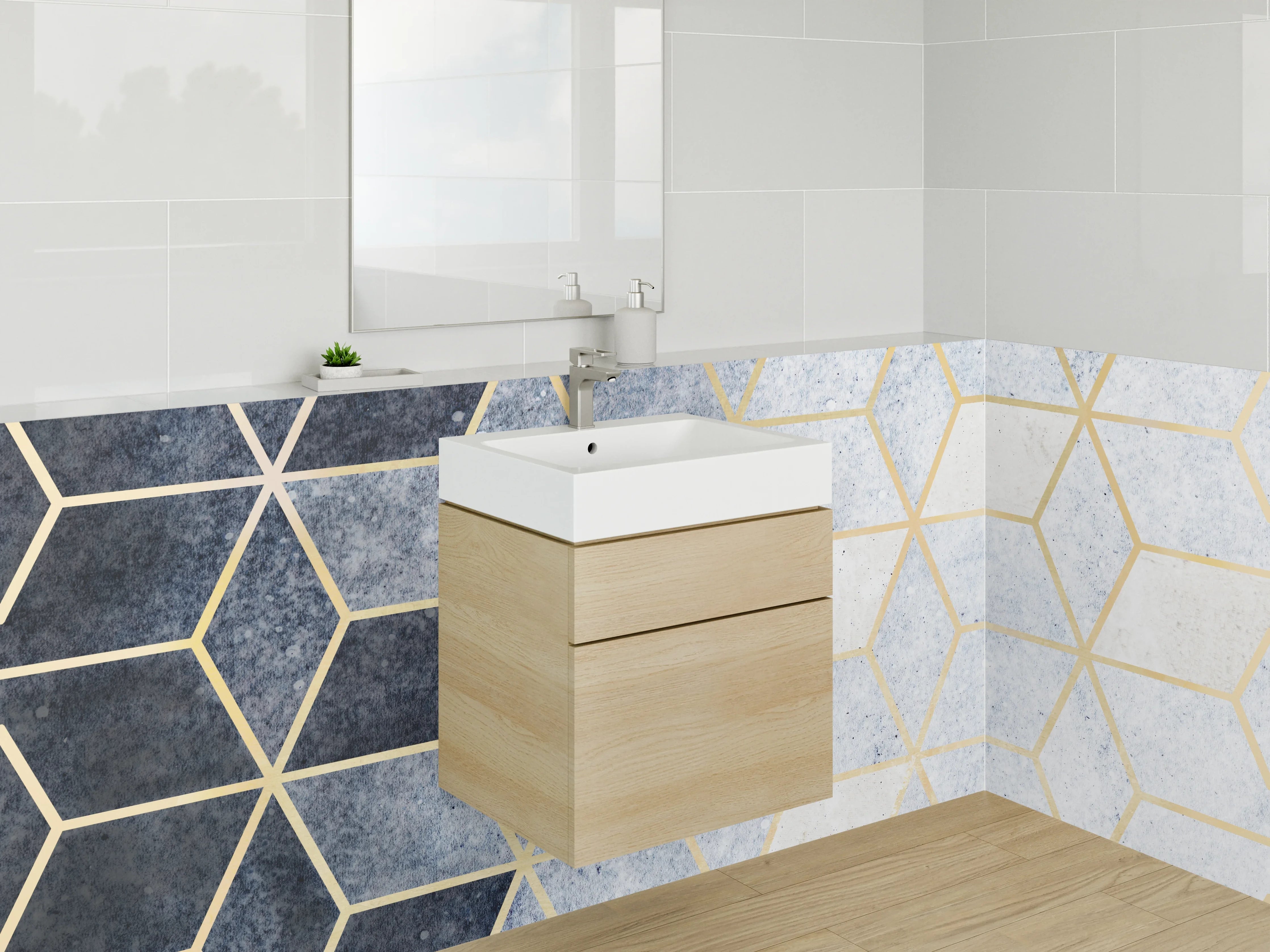 Waschbecken-Rückwand - Modernes Geometrie-Muster in Blau-Gold
