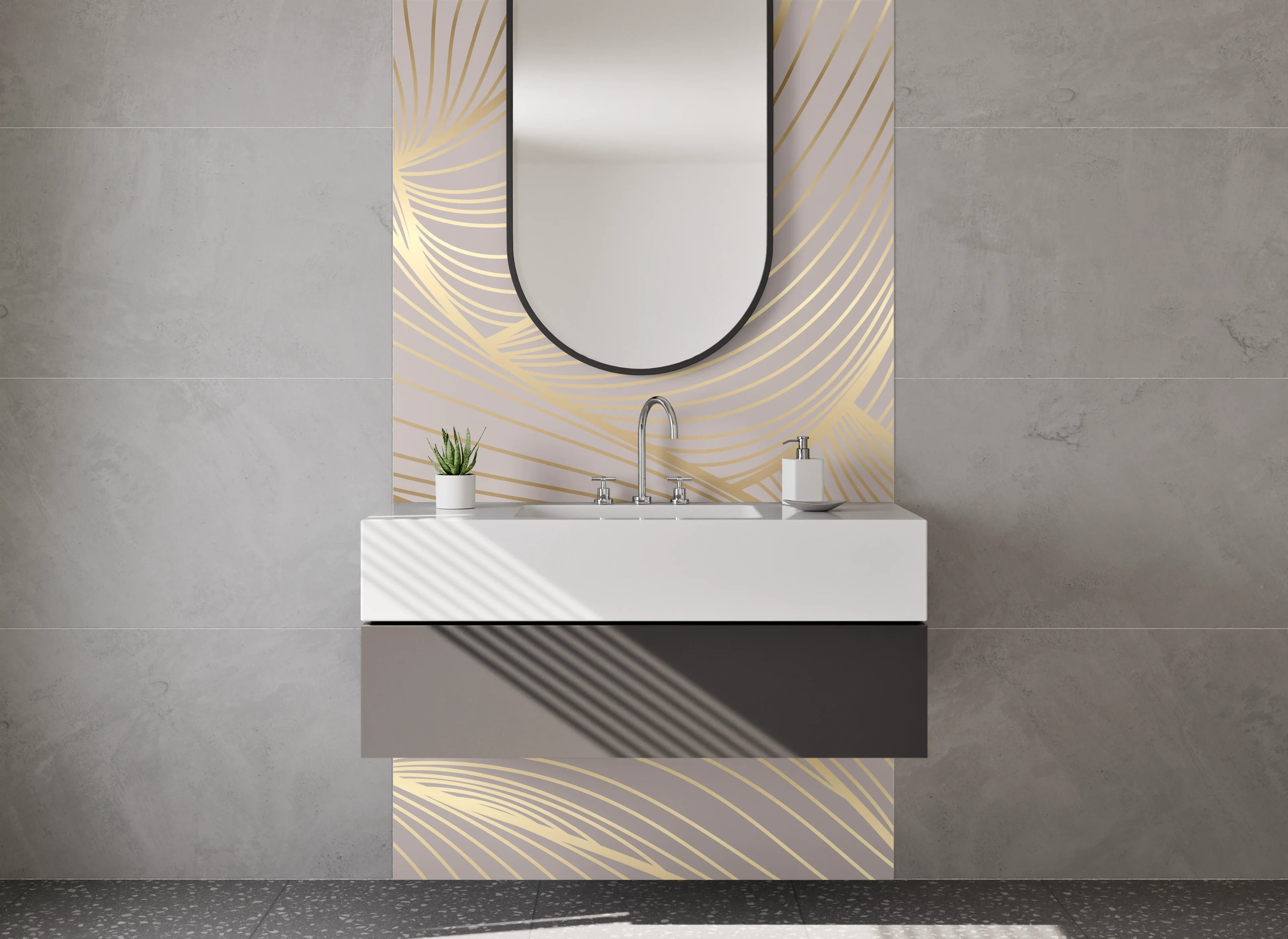 Waschbecken-Rückwand - Modernes Lineart Muster Gold Beige