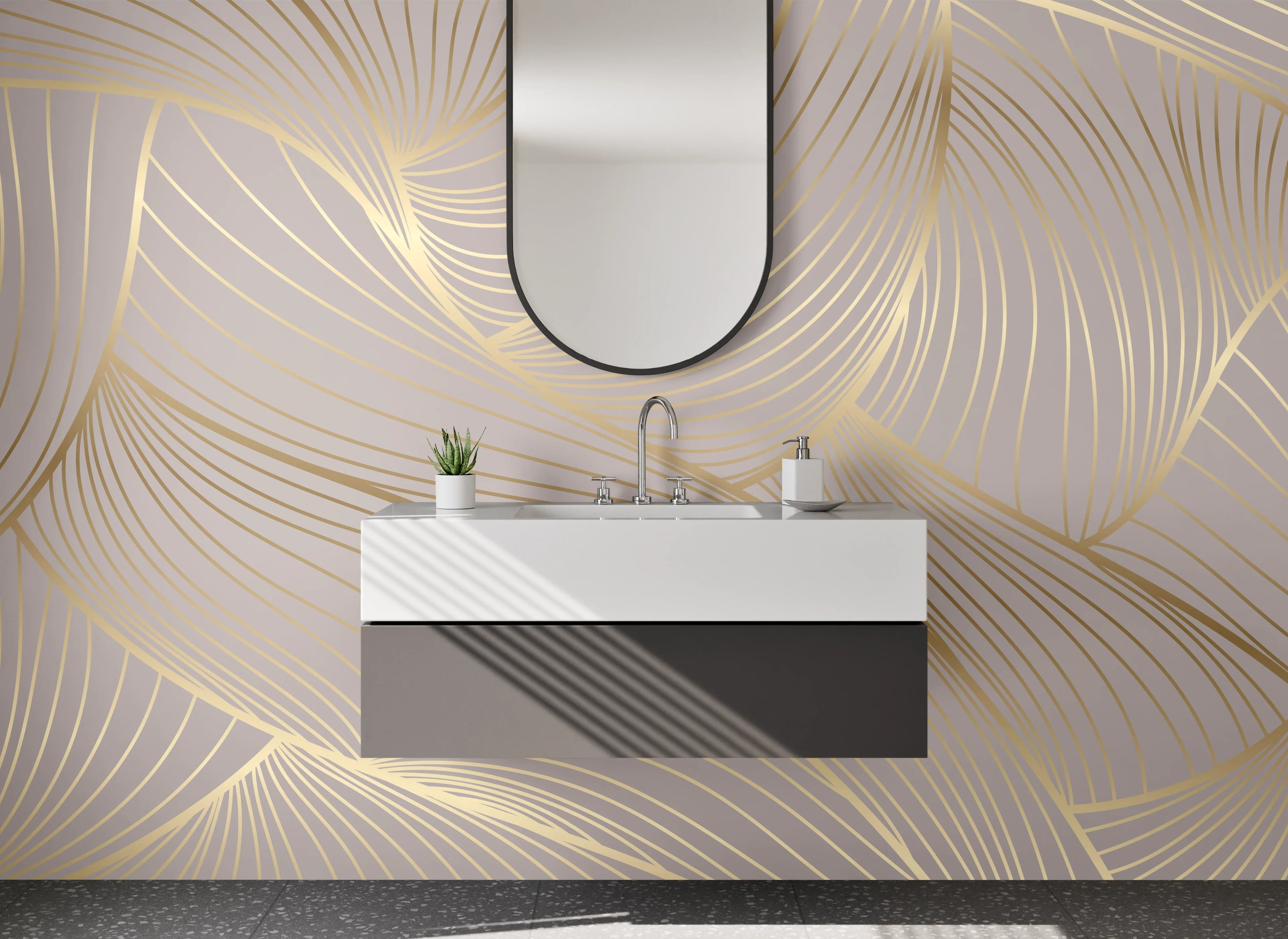 Waschbecken-Rückwand - Modernes Lineart Muster Gold Beige