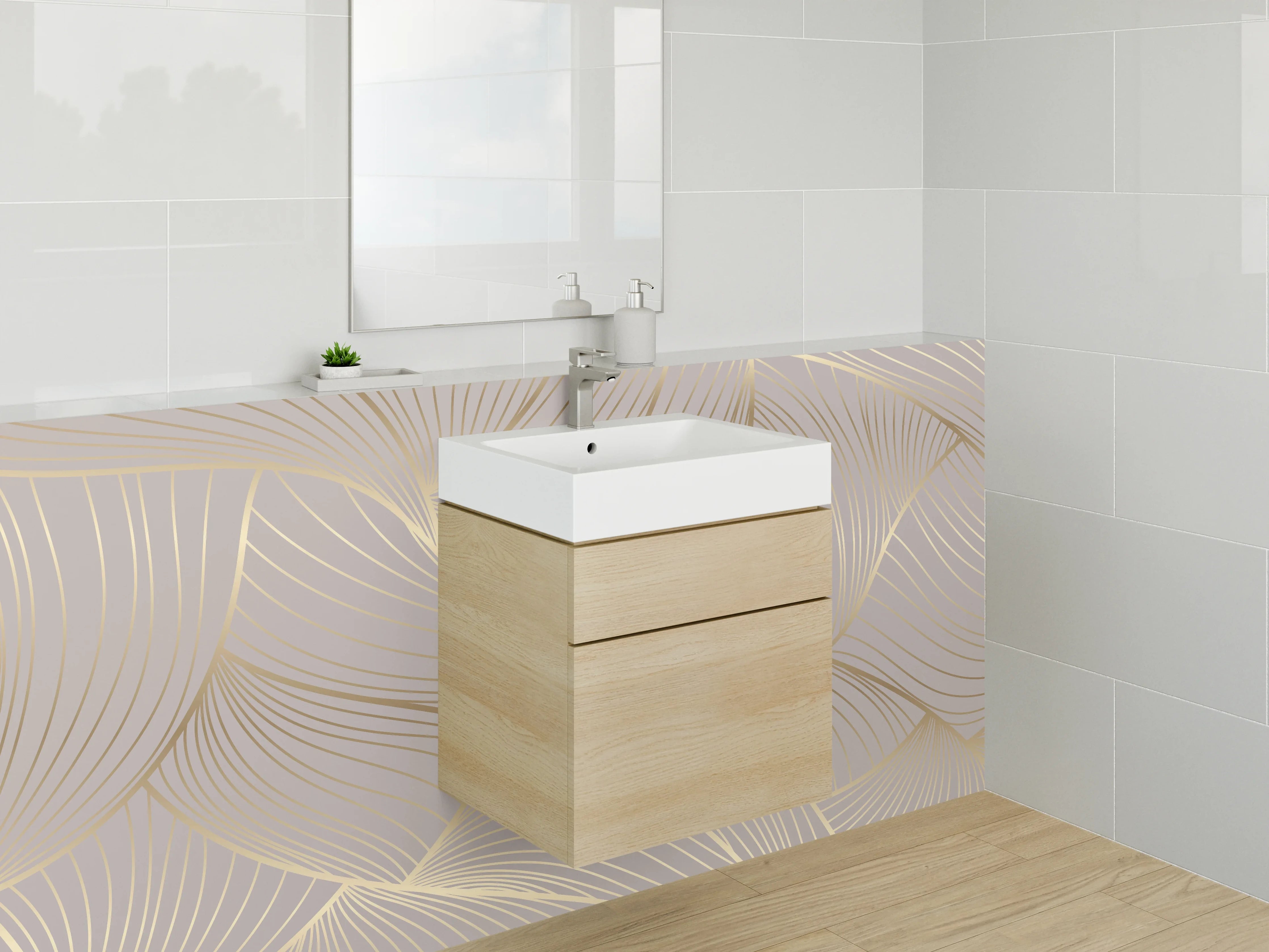 Waschbecken-Rückwand - Modernes Lineart Muster Gold Beige
