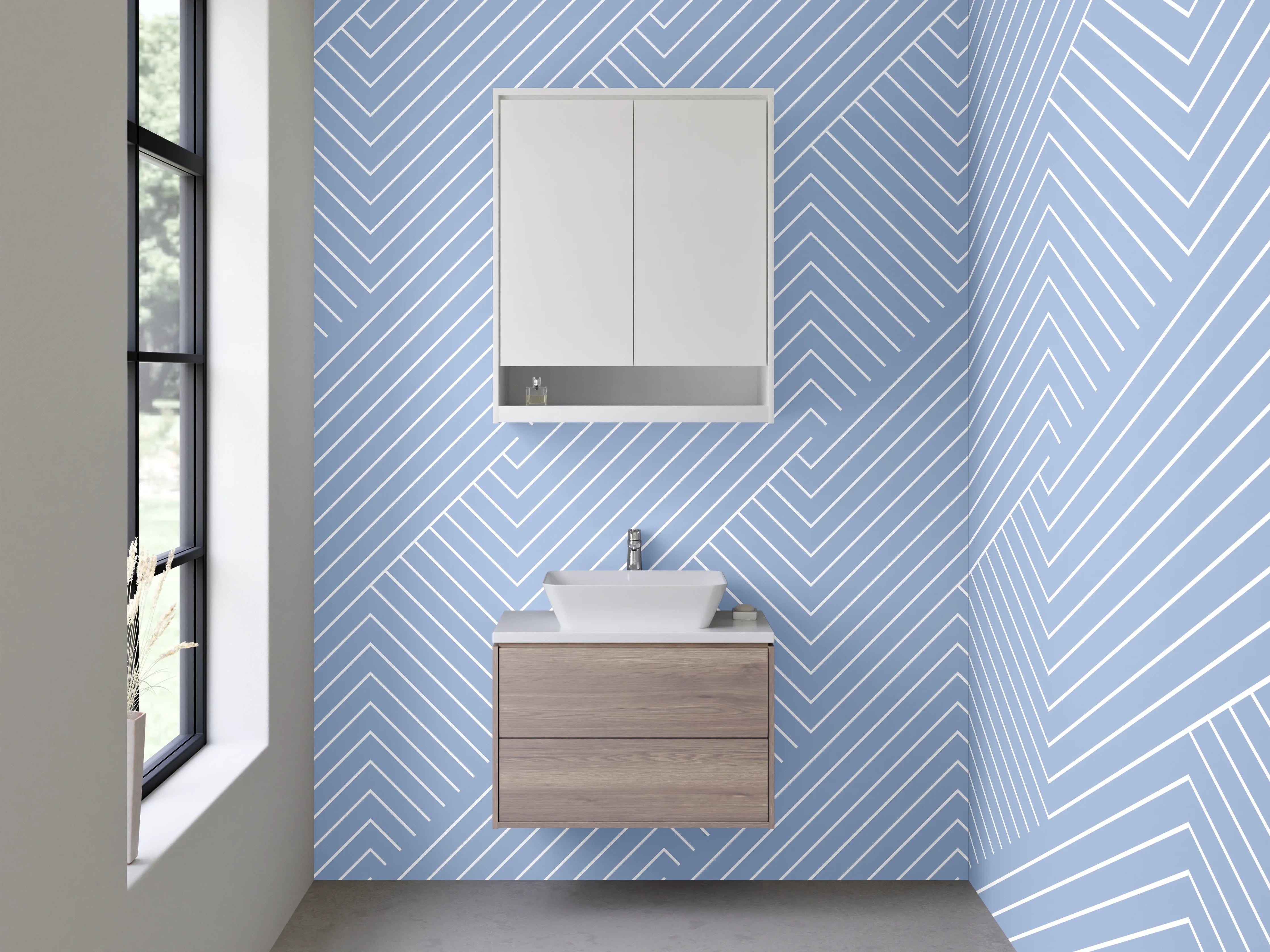 Waschbecken-Rückwand - Modernes Linienmuster in Blau-Weiß