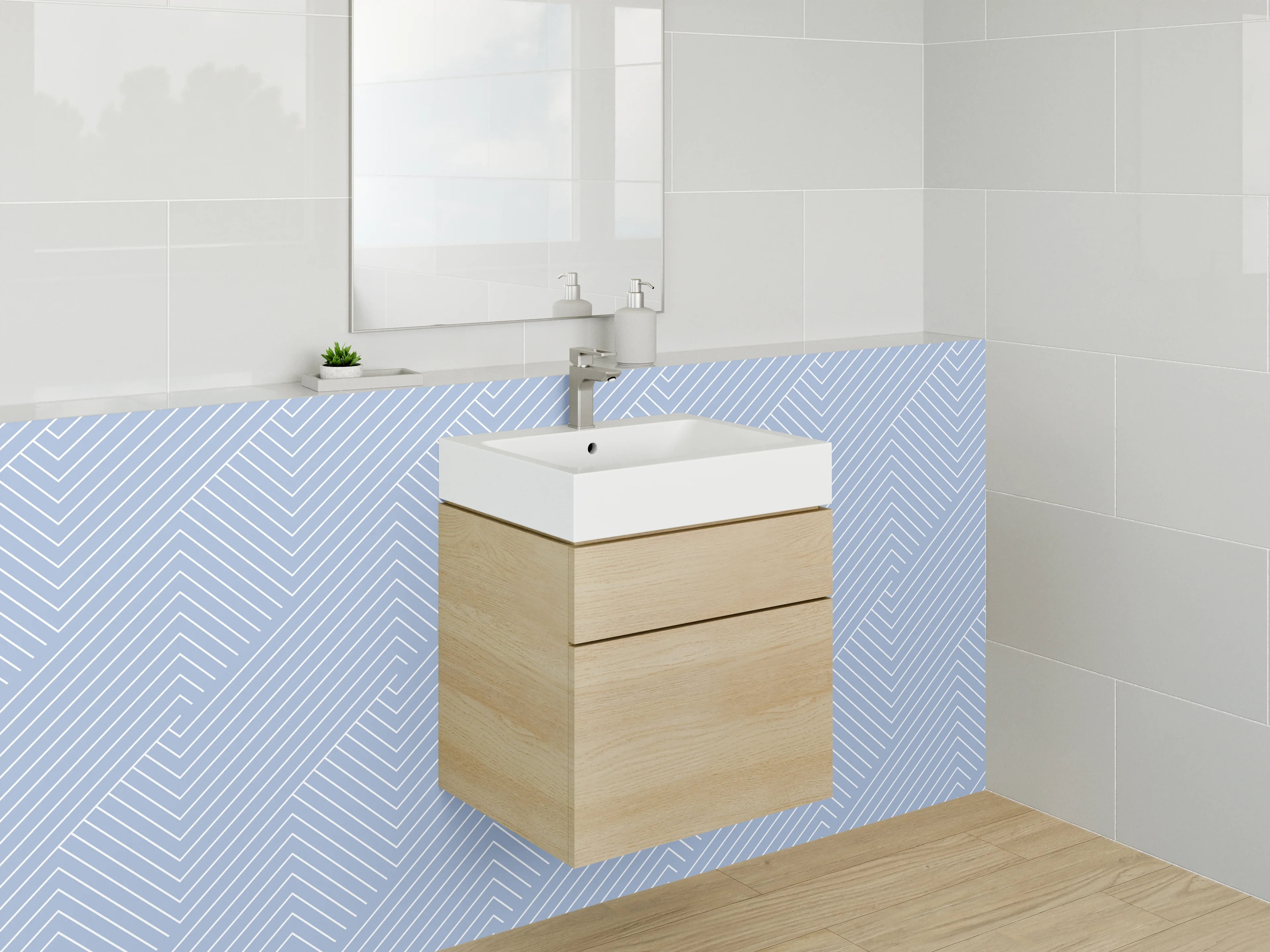 Waschbecken-Rückwand - Modernes Linienmuster in Blau-Weiß