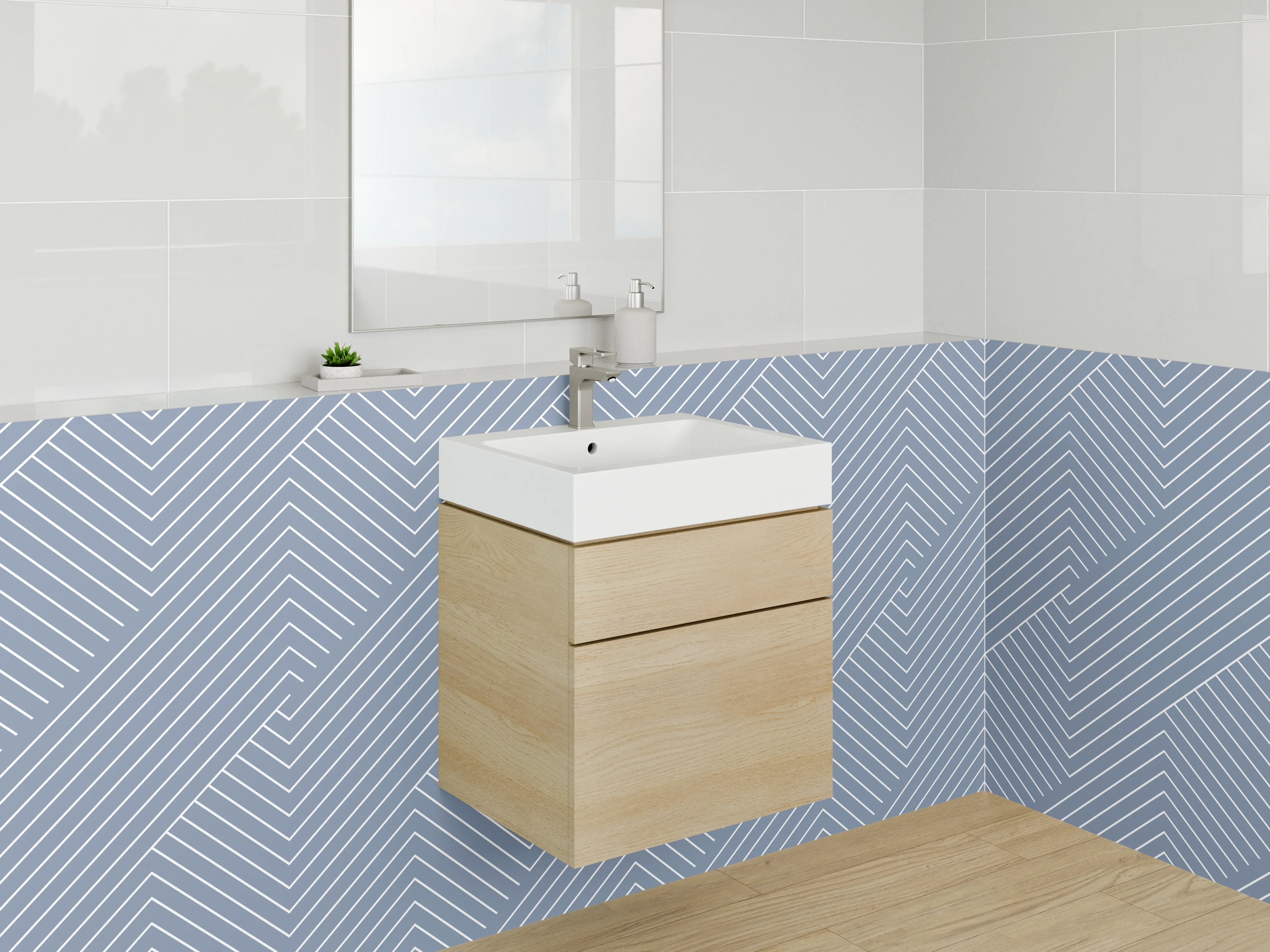 Waschbecken-Rückwand - Modernes Linienmuster in Grau-Blau