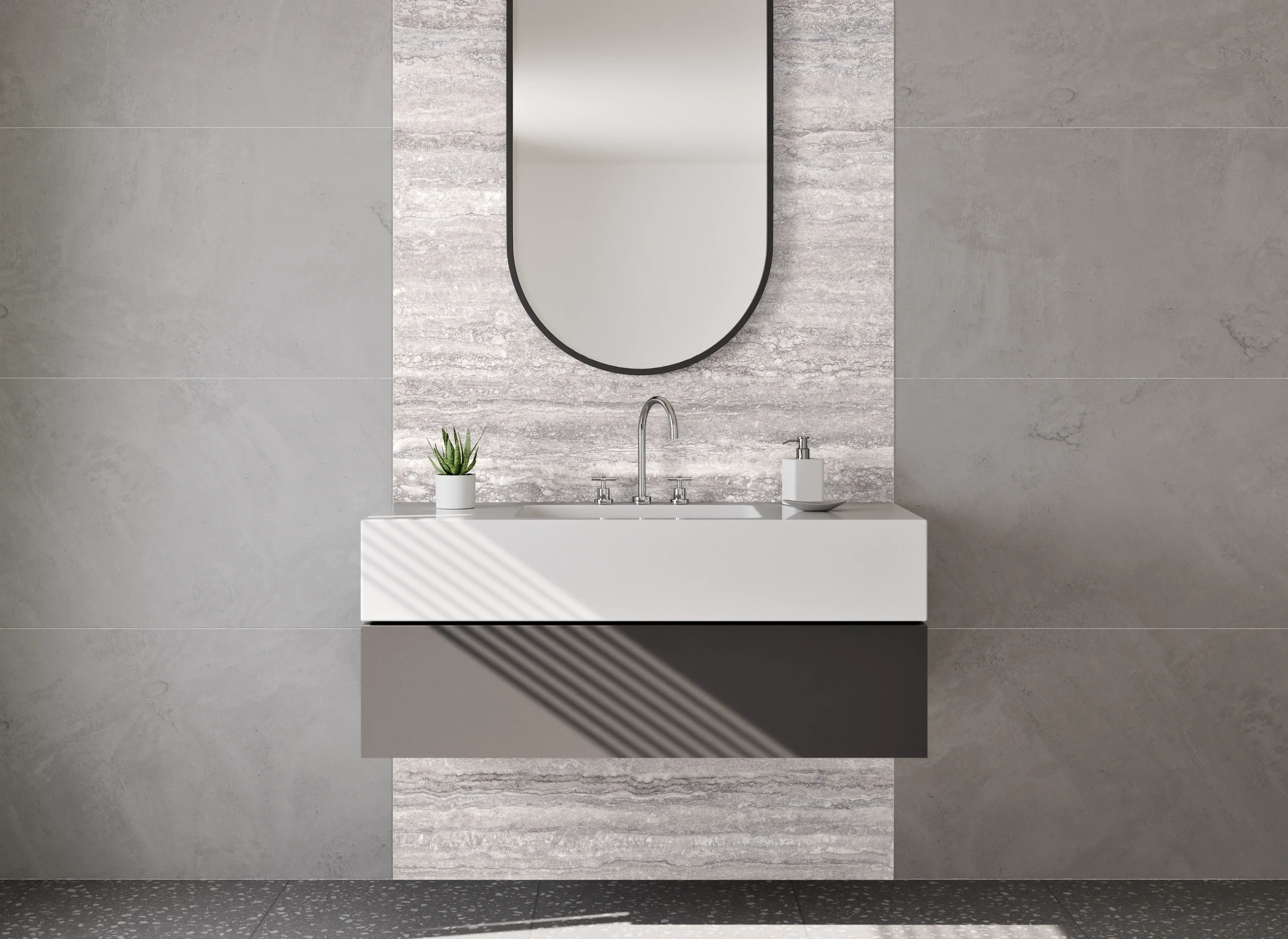 Waschbecken-Rückwand - Modernes Marmor-Dekor in Grau und Weiß
