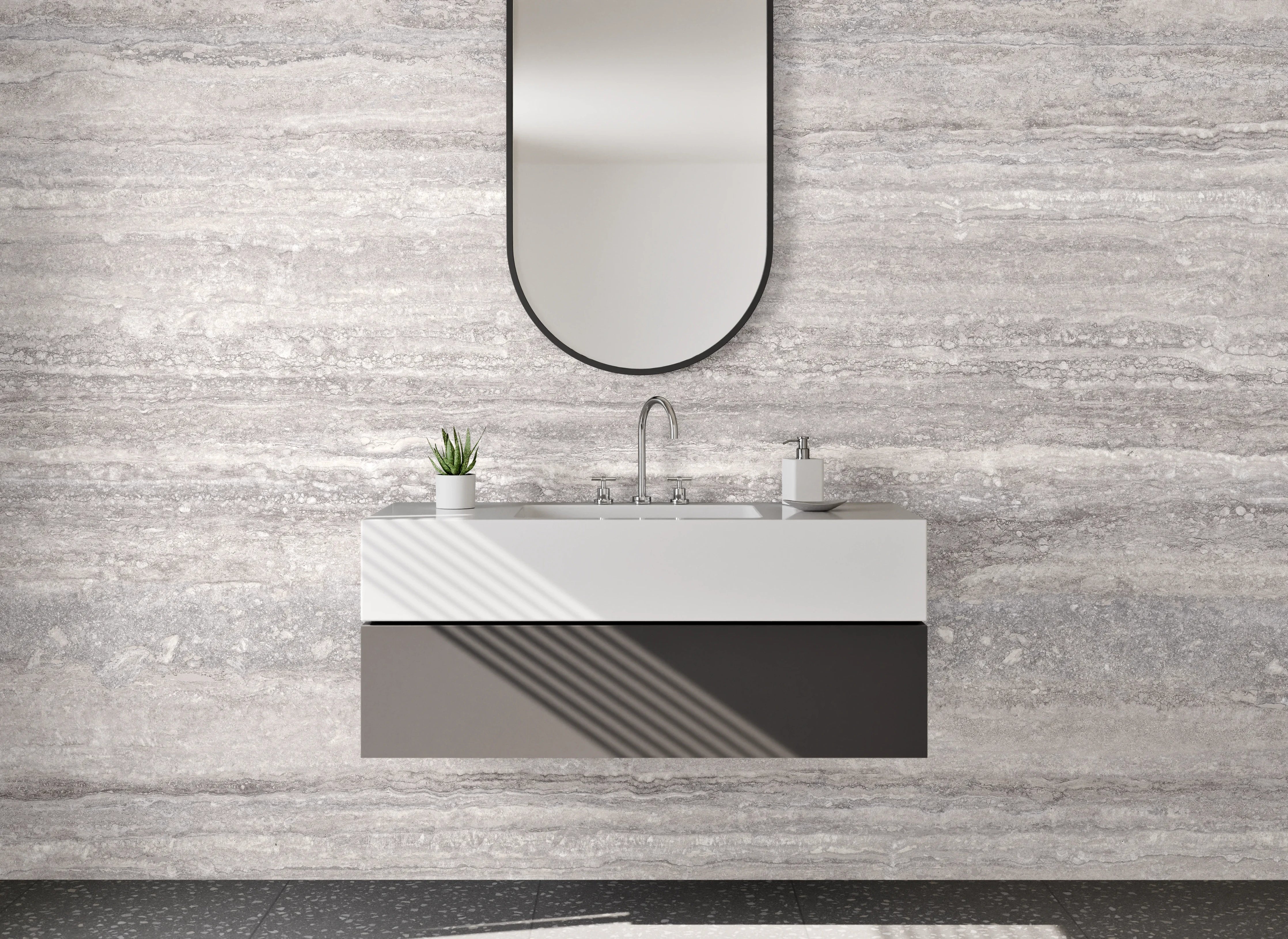 Waschbecken-Rückwand - Modernes Marmor-Dekor in Grau und Weiß