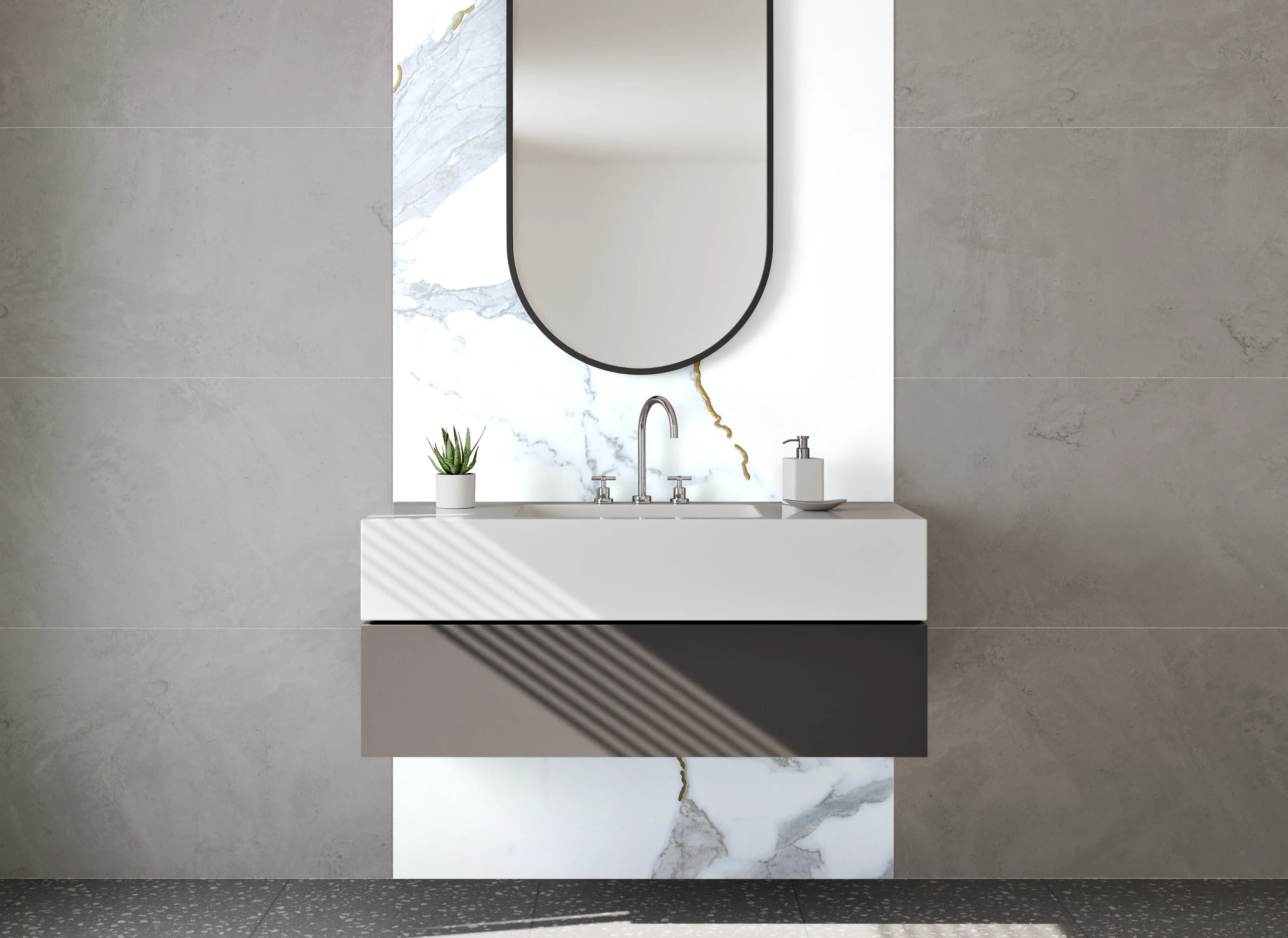Waschbecken-Rückwand - Modernes Marmor-Design Weiß Grau