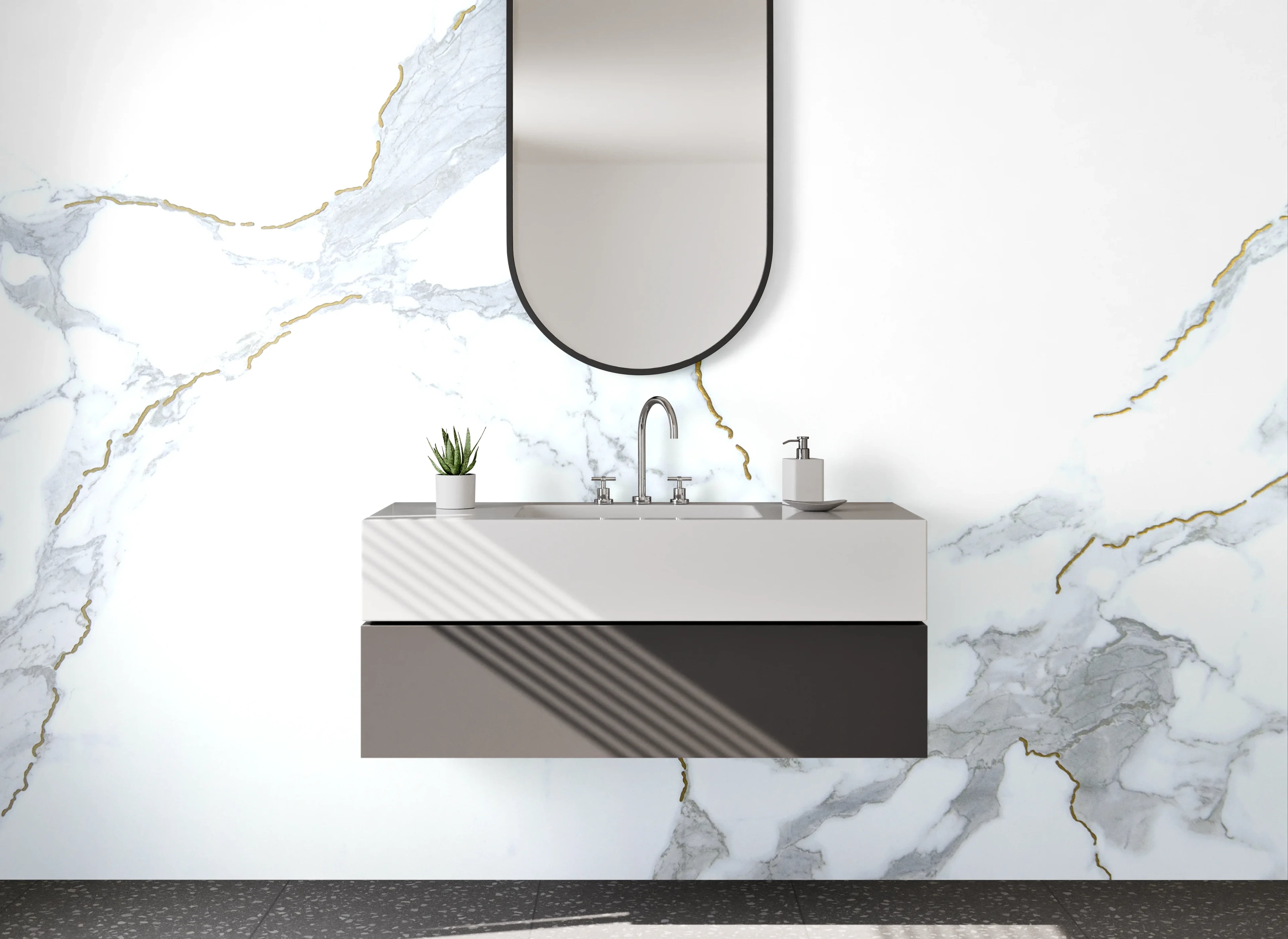 Waschbecken-Rückwand - Modernes Marmor-Design Weiß Grau