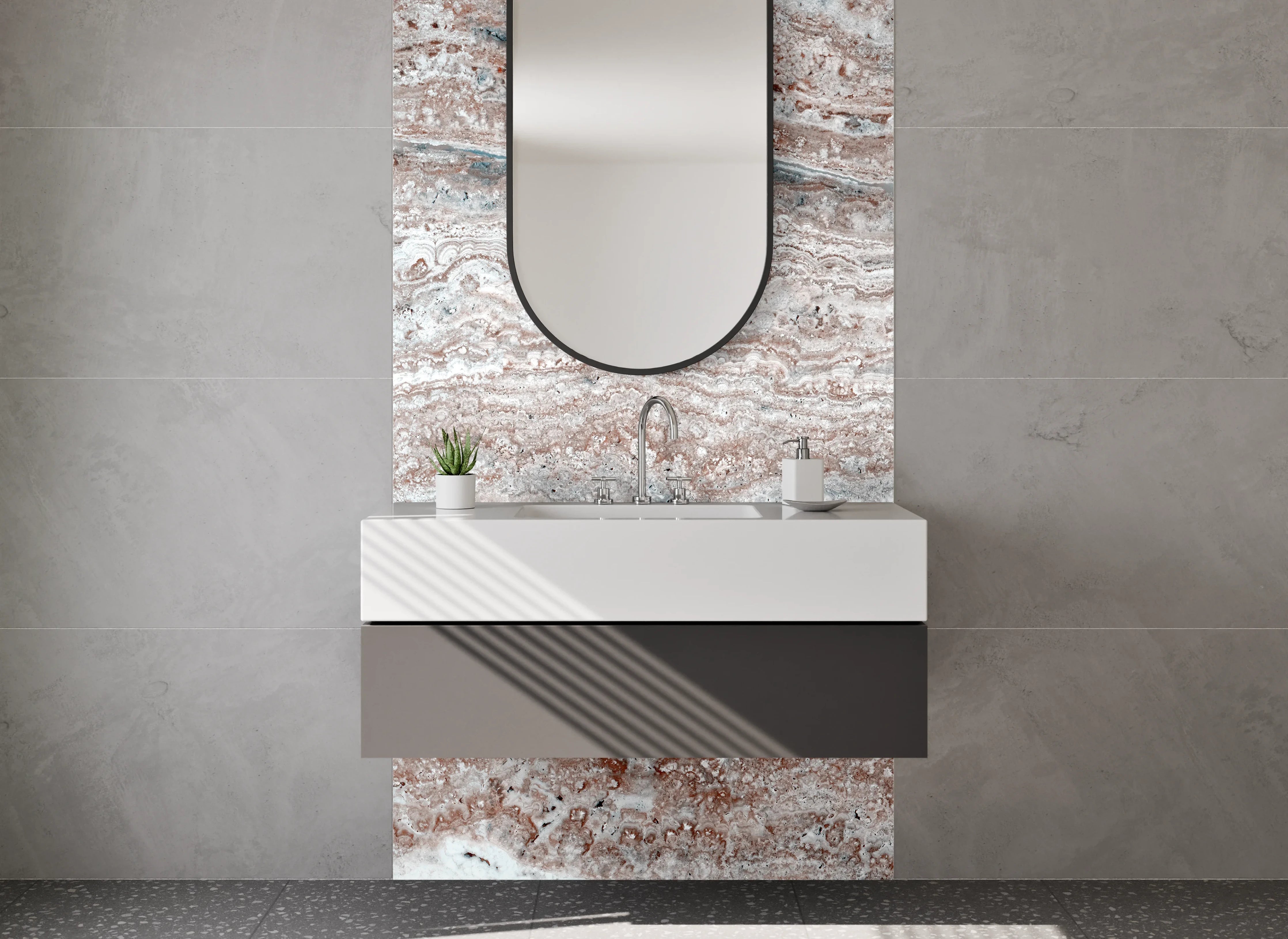 Waschbecken-Rückwand - Modernes Marmor-Design in Beige und Grau