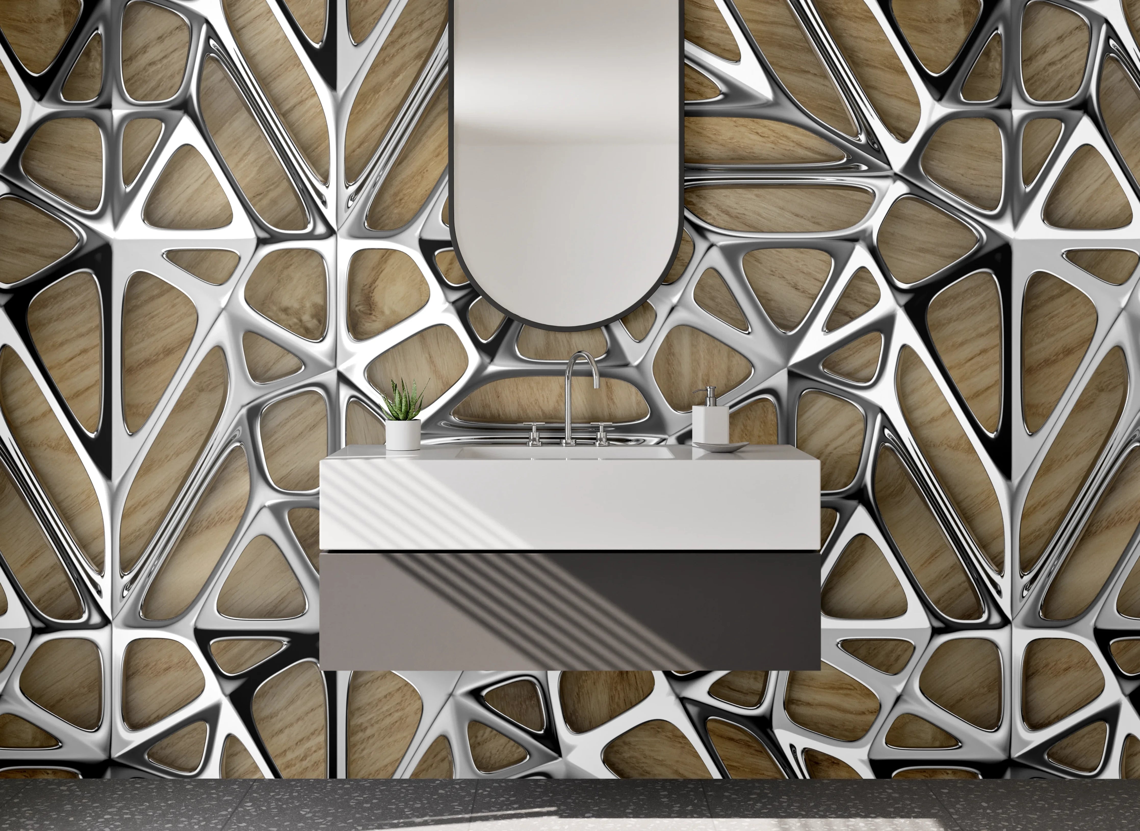 Waschbecken-Rückwand - Modernes Metall-Holz-Gitter Design